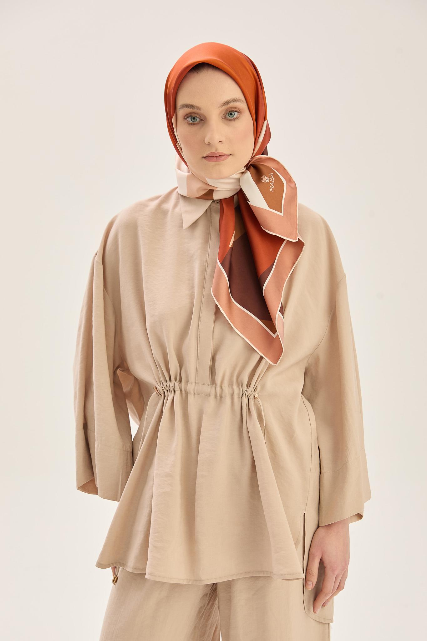 LALE TİVİL İPEK EŞARP 90*90 CM - KAHVERENGİ