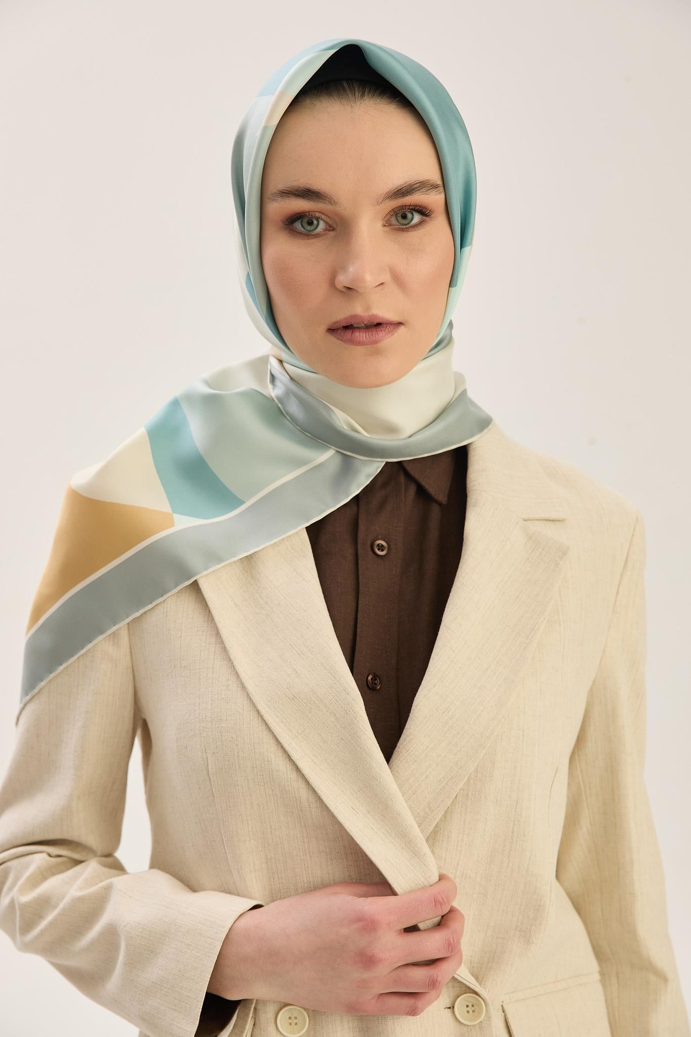 LALE TİVİL İPEK EŞARP 90*90 CM - TURKUAZ