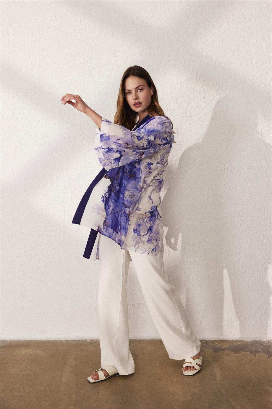 LİPA KISA KİMONO - EKRU MAVİ