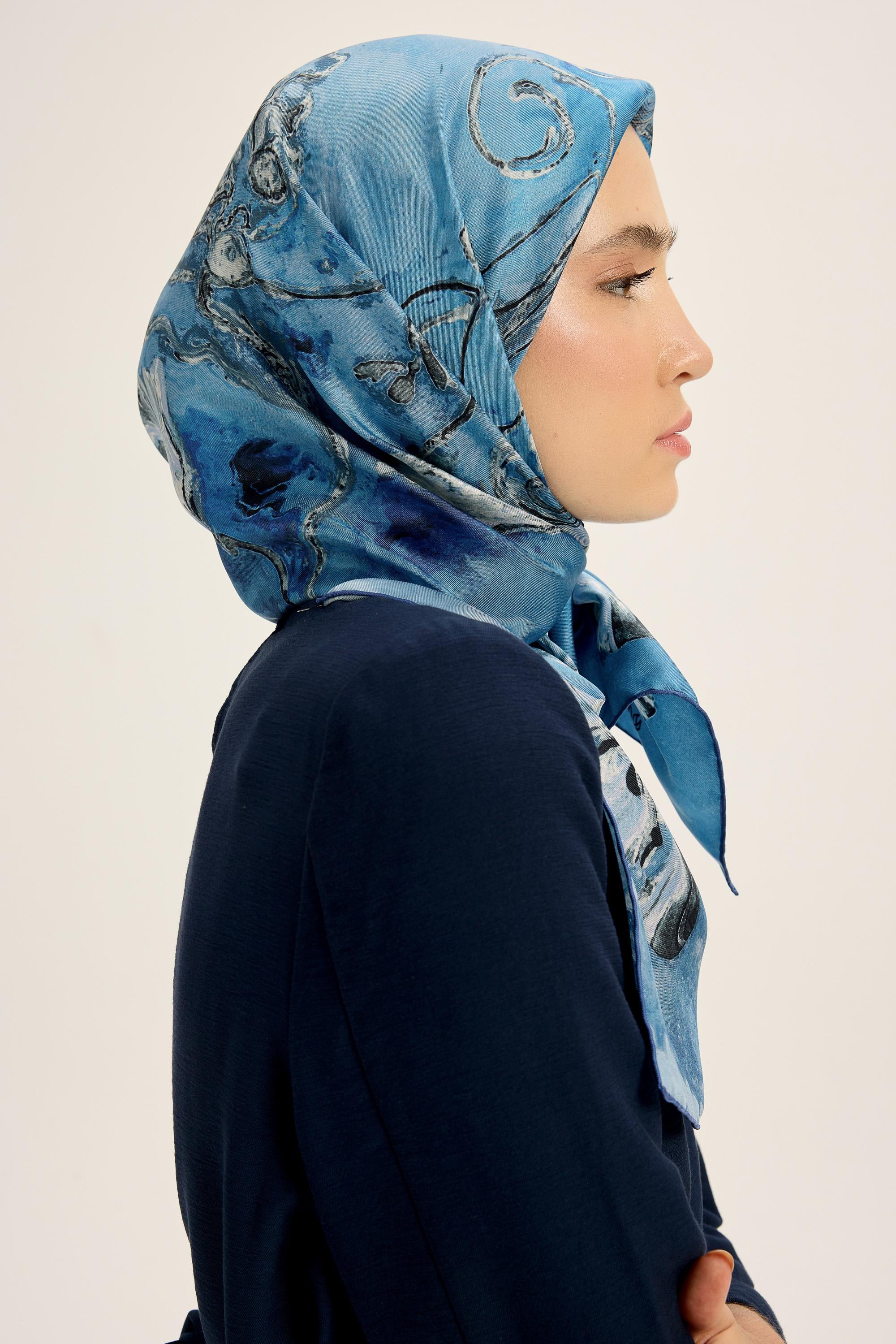 NARİN TİVİL İPEK EŞARP 90*90 CM - MAVİ