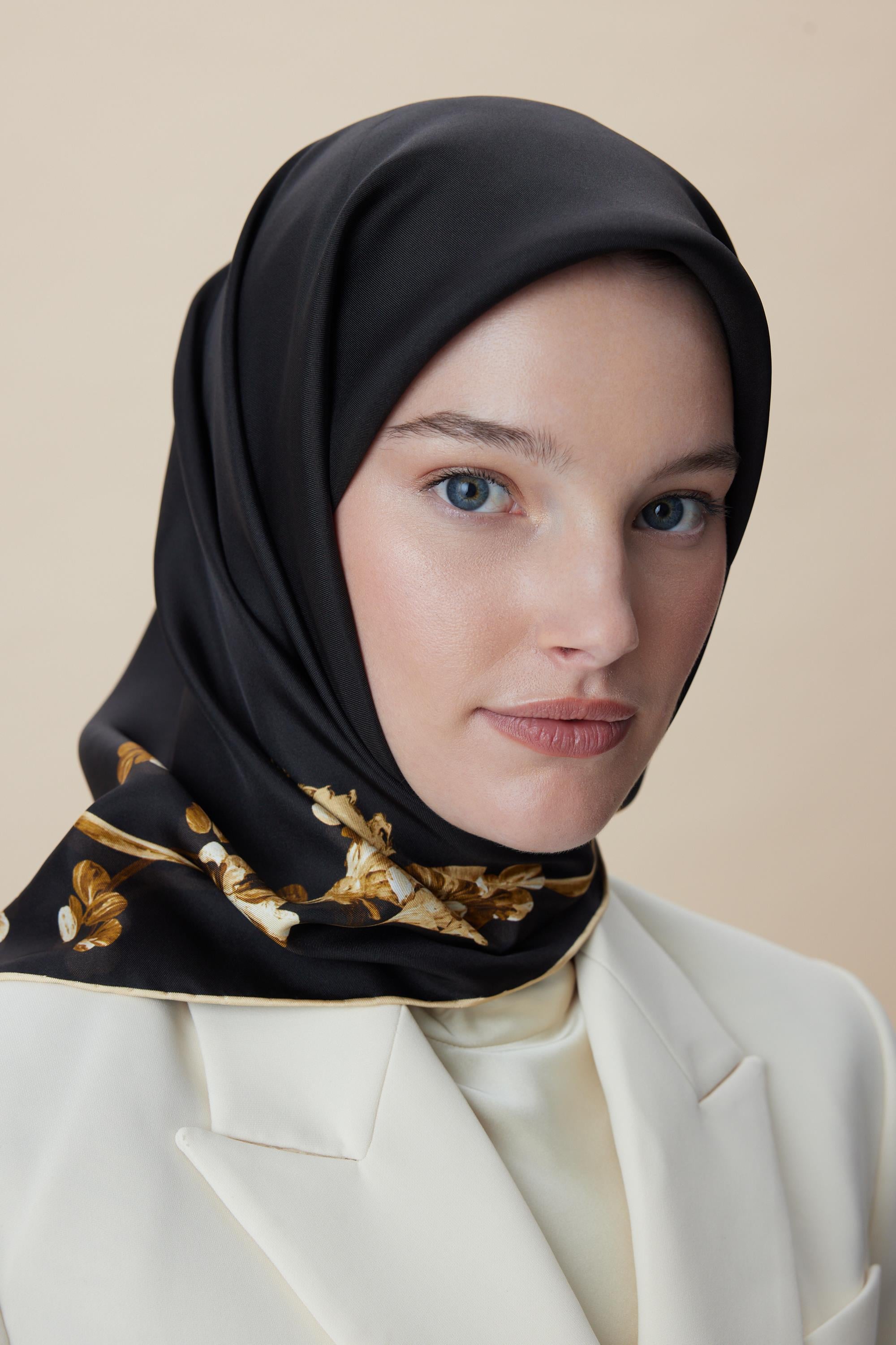 NEVA ÇİFT TARAFLI TİVİL İPEK EŞARP 90*90 CM - SİYAH