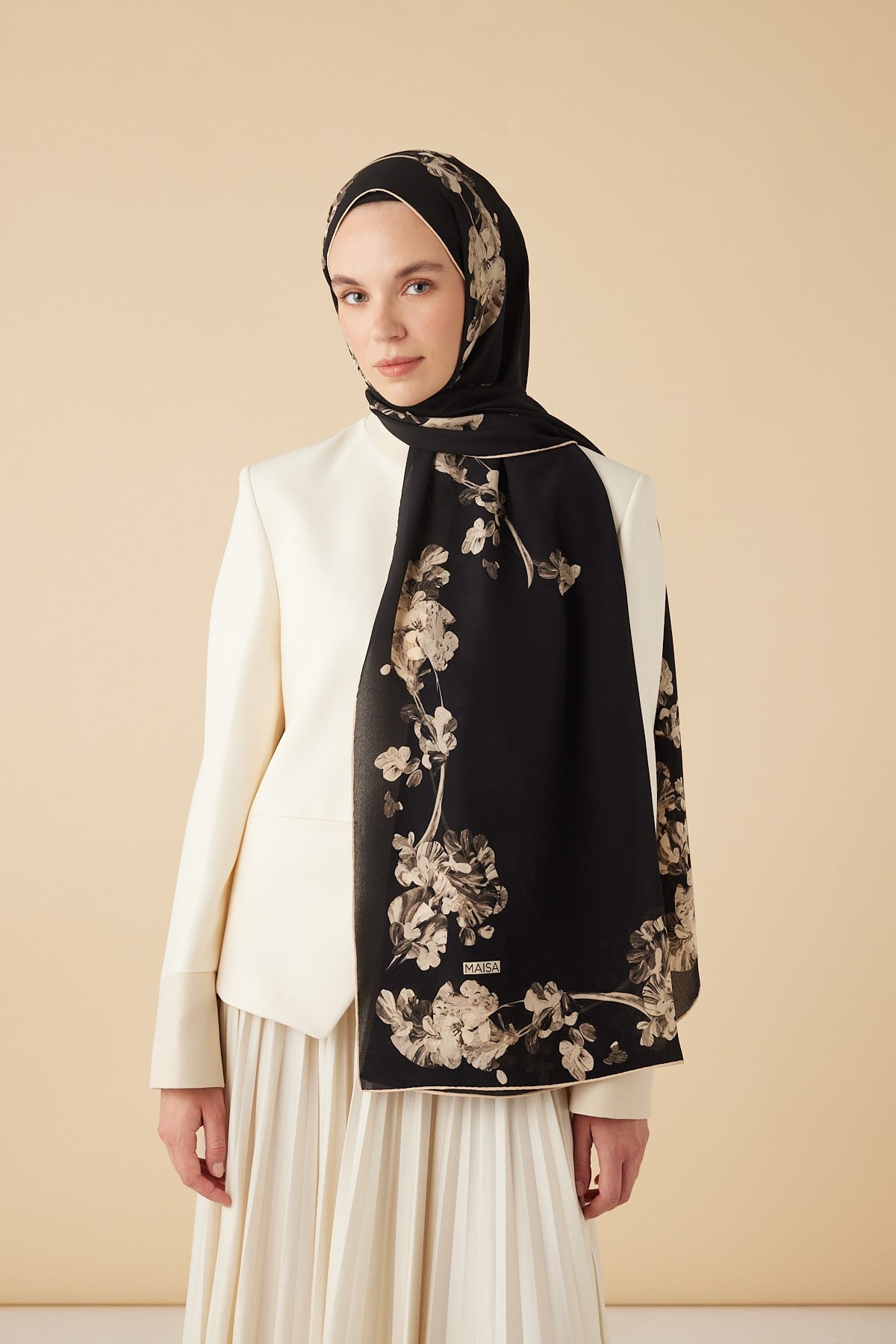 NEVA KREP İPEK ŞAL 70*190 CM - SİYAH BEJ