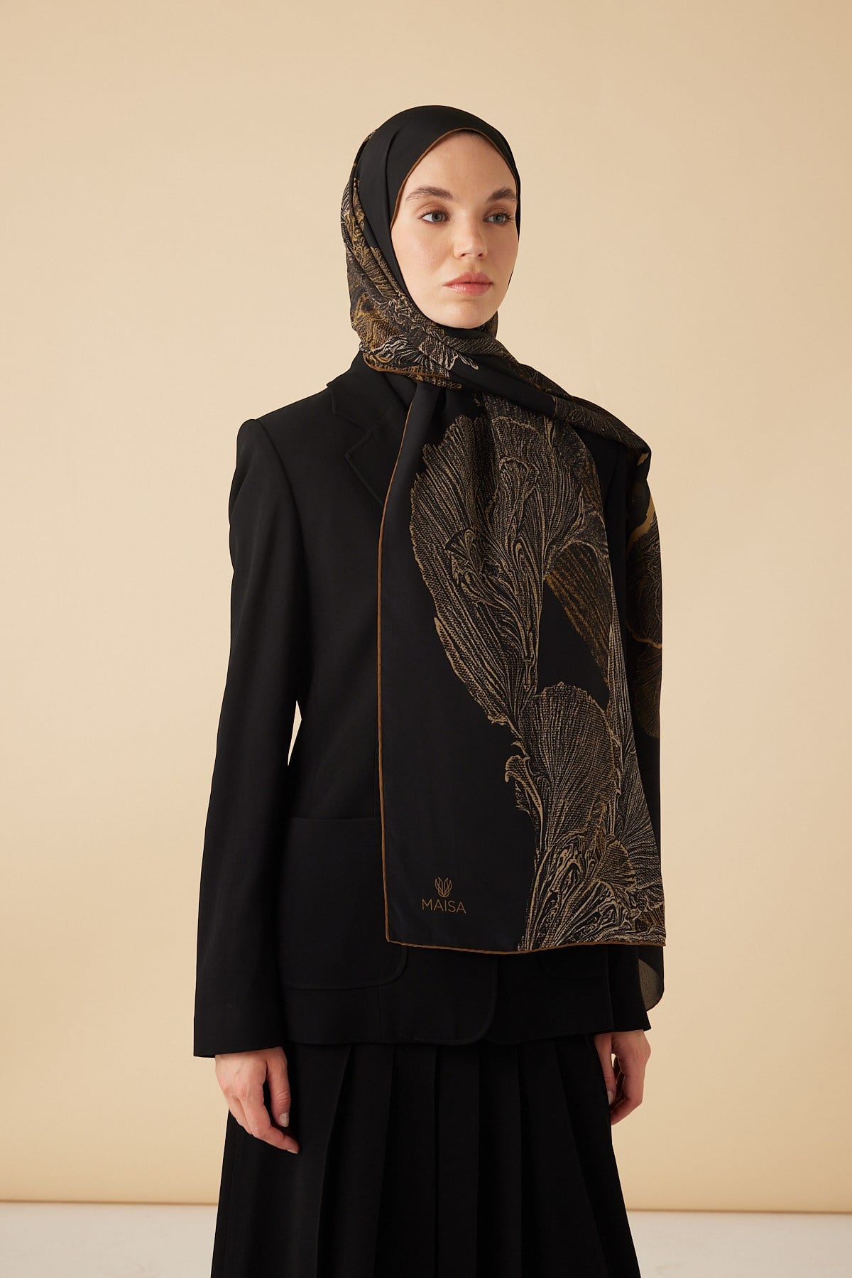 RUBA KREP İPEK ŞAL 70*190 CM - GOLD SİYAH