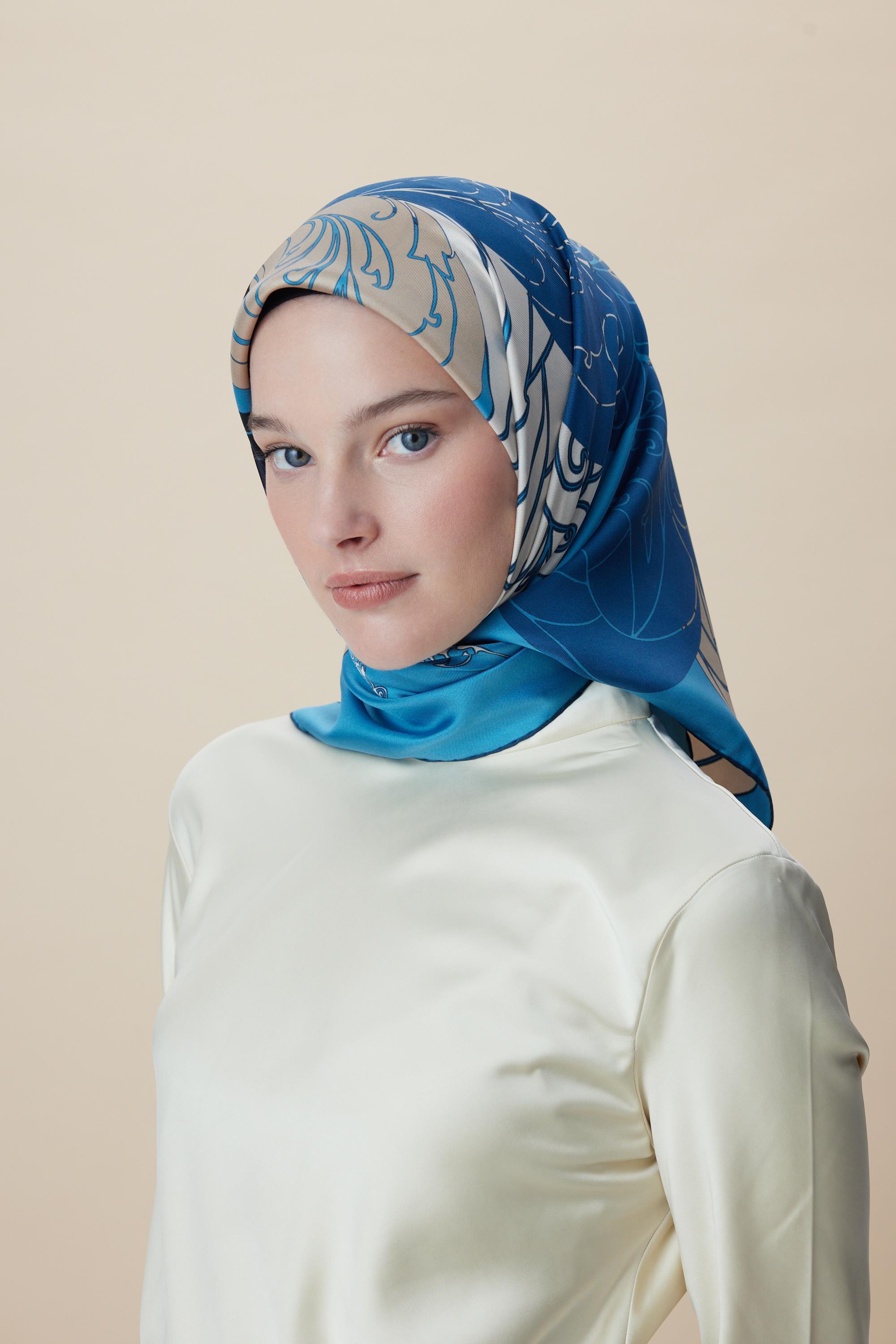 SAFİ TİVİL İPEK EŞARP 90*90 CM - MAVİ