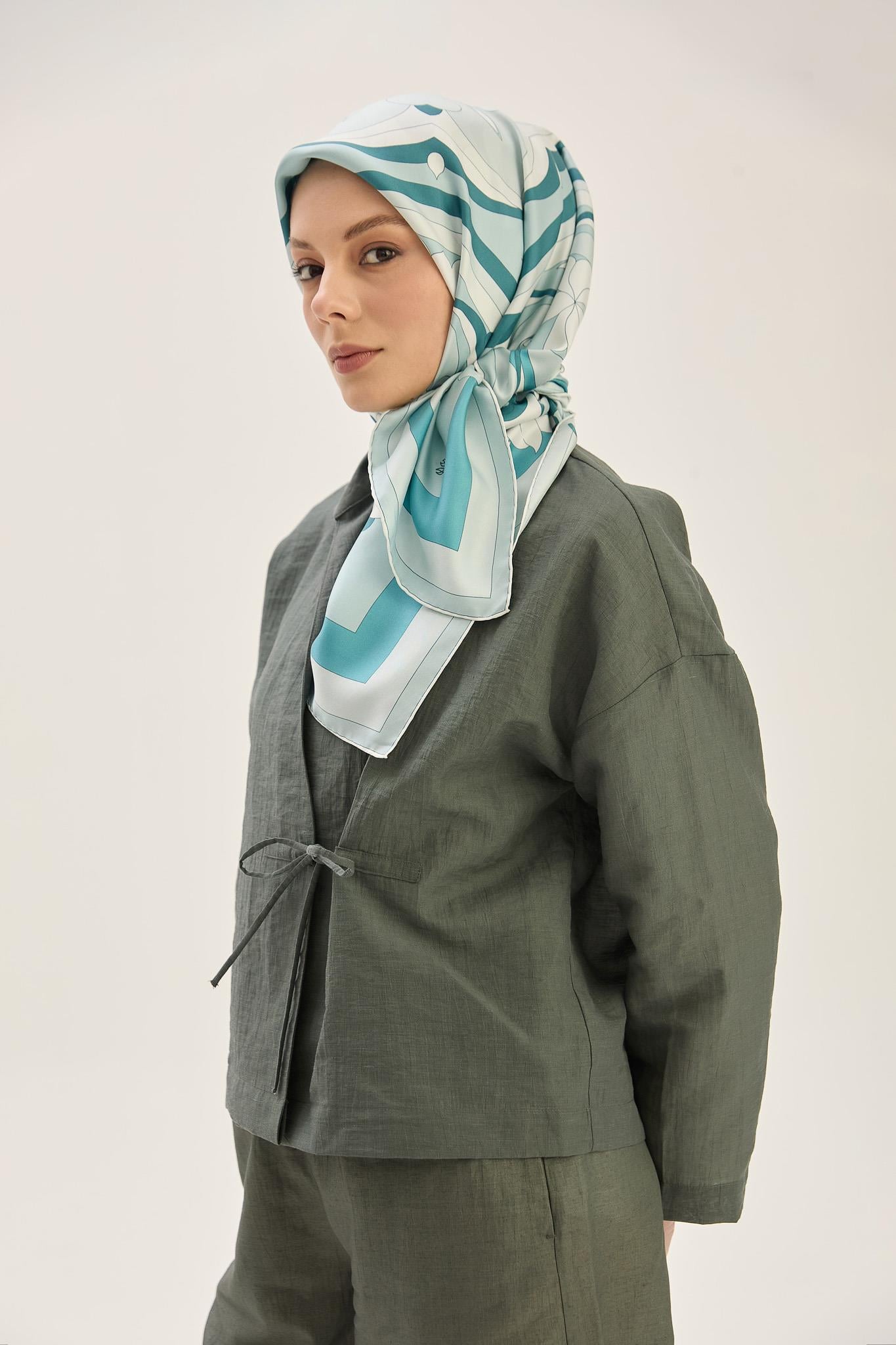 SARA TİVİL İPEK EŞARP 90*90 CM - PETROL MAVİ