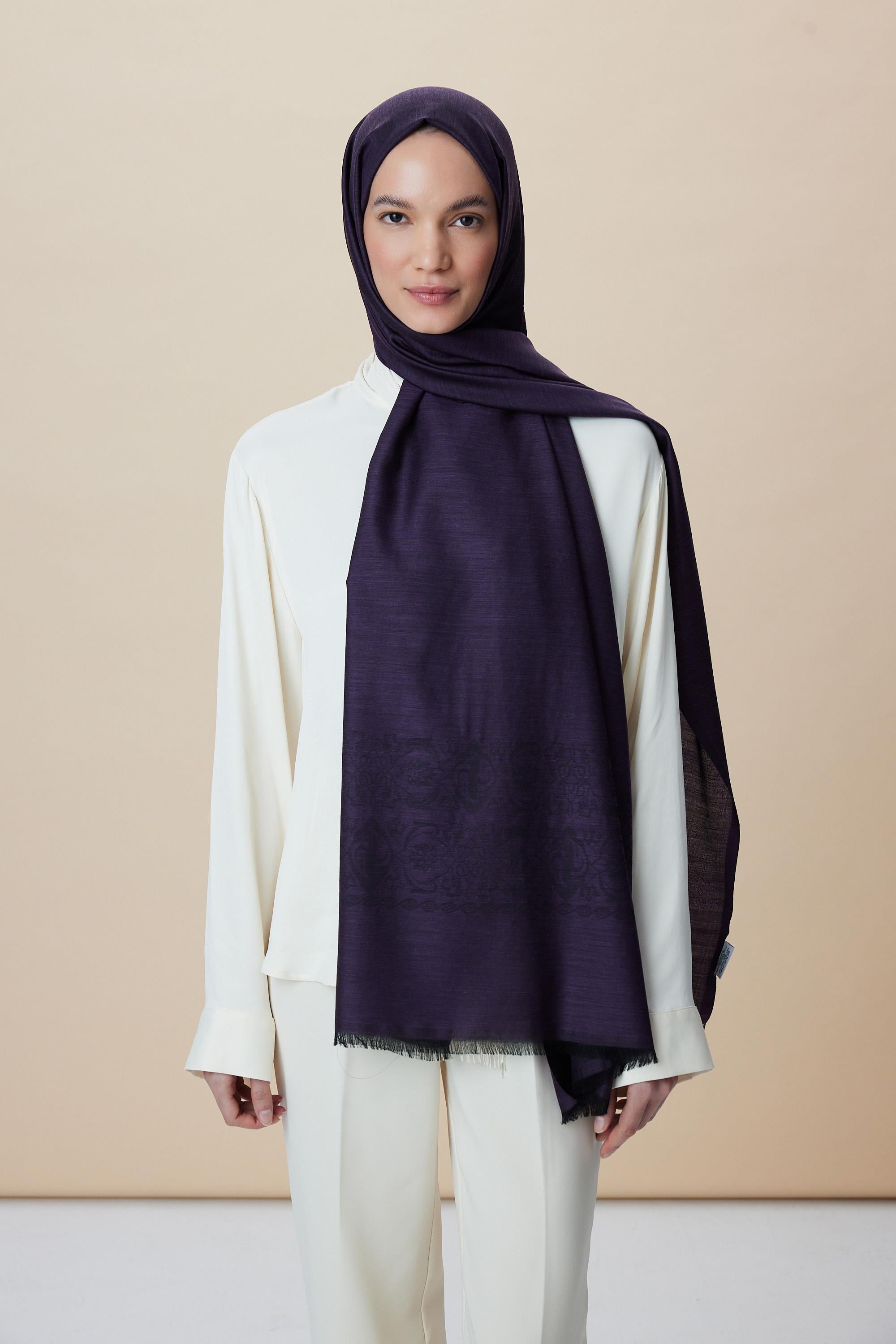 SIRMA YÜN İPEK JAKARLI ŞAL 70*200 CM - MÜRDÜM