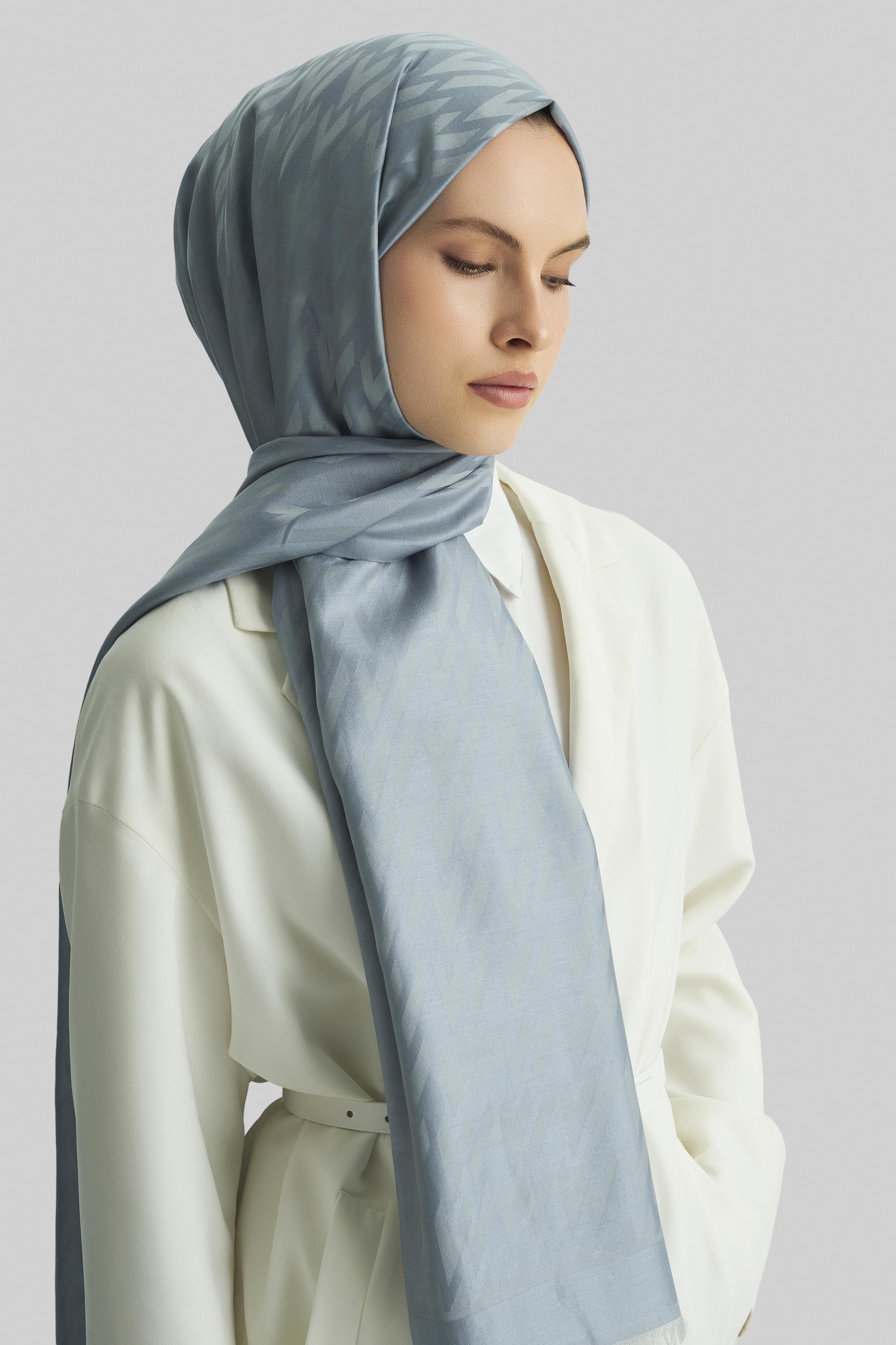 UMAY %100 İPEK JAKARLI ŞAL-GRİ MAVİ