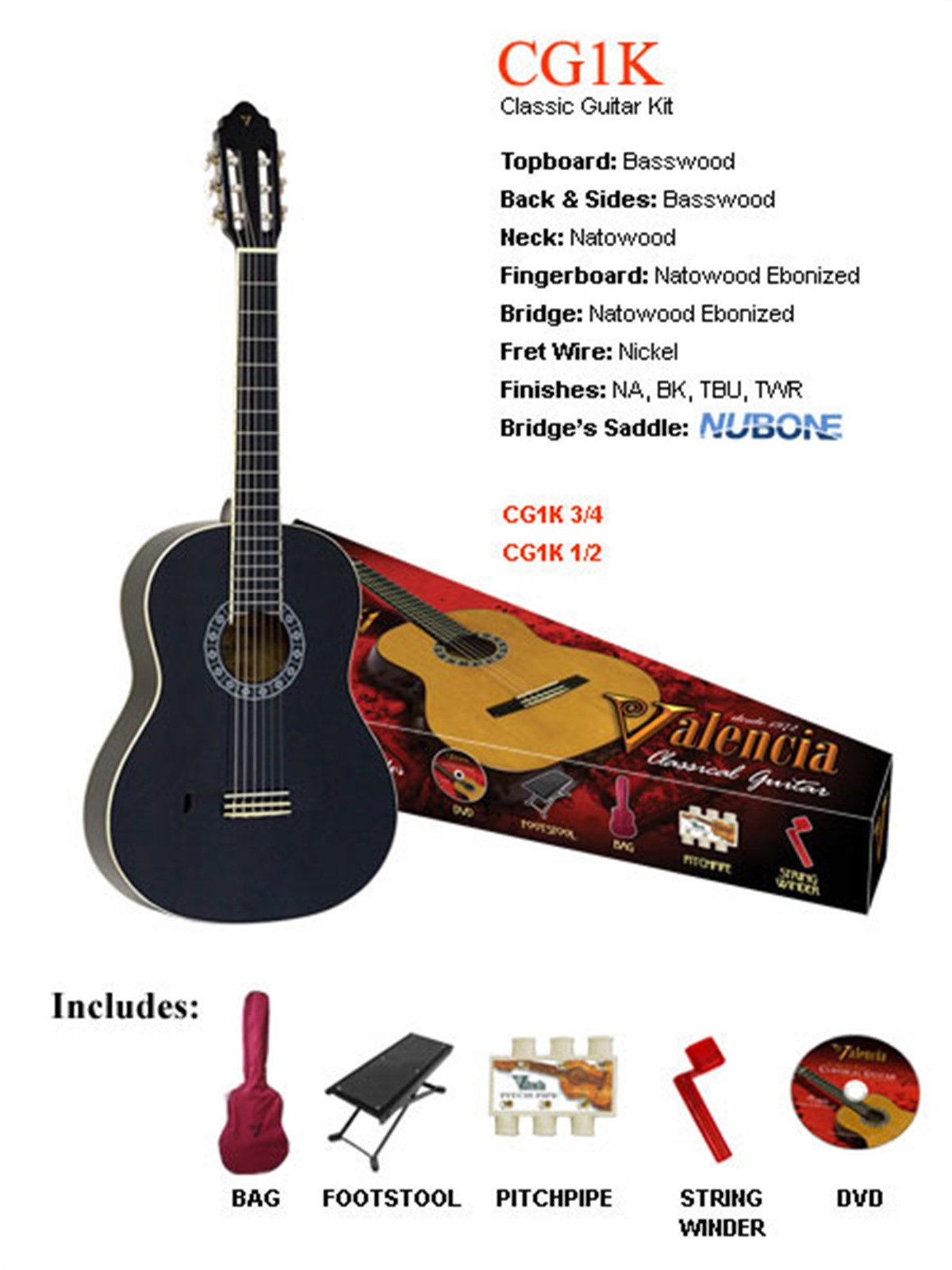 VALENCİA CG1KBK SİYAH KLASİK GİTAR SETİ