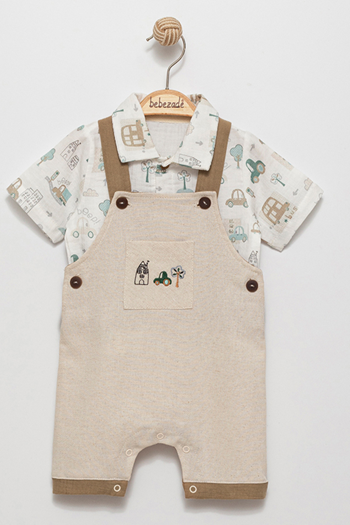 Arabalı Bebe Salopet Takım - Bej