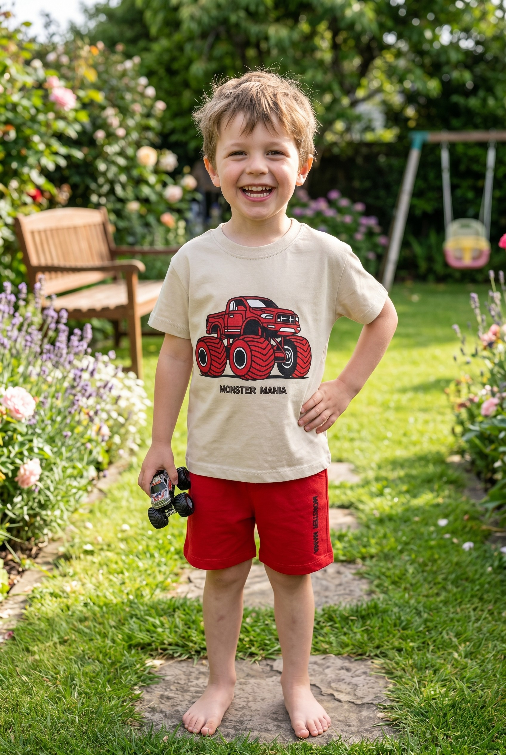 Arabalı Erkek Şortlu Takım - Bej