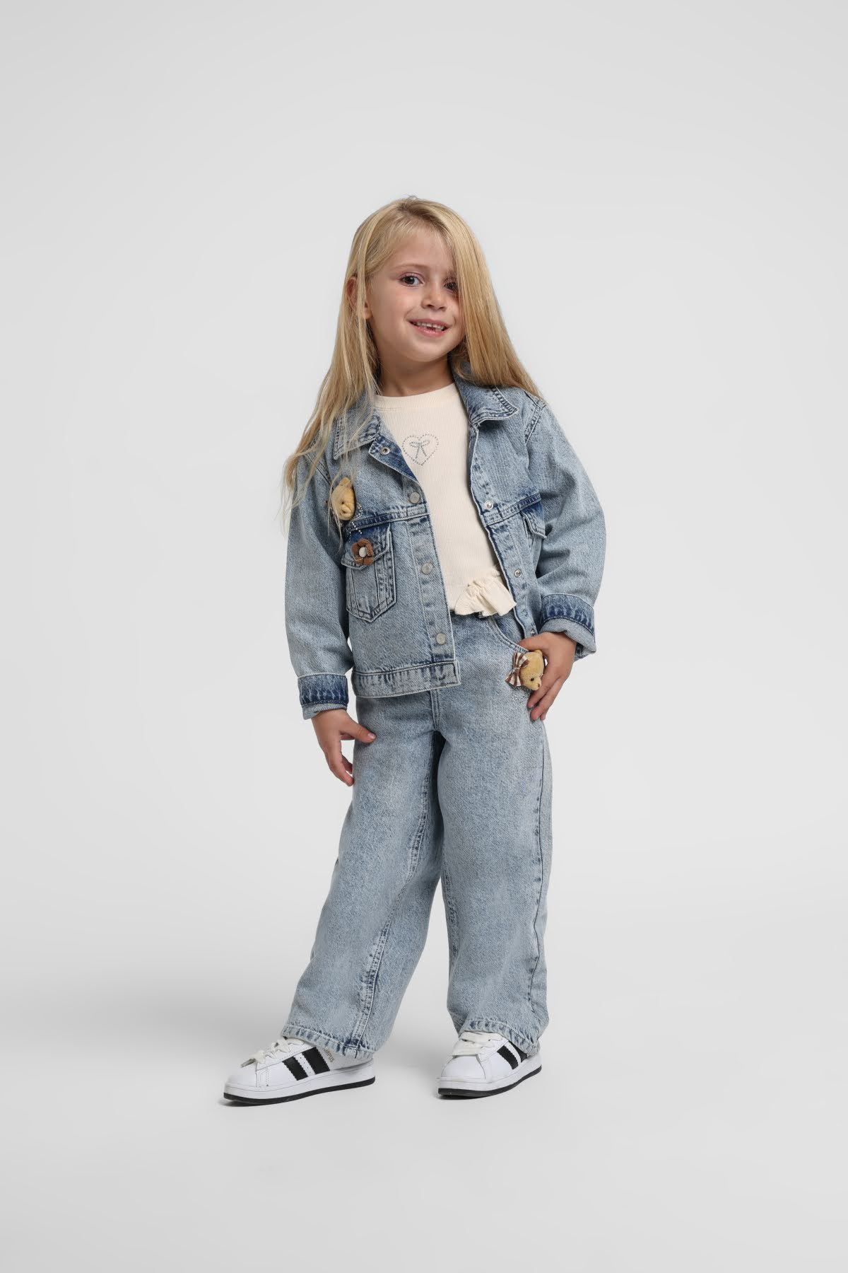 Ayıcıklı Kız Kot Ceket - Mavi