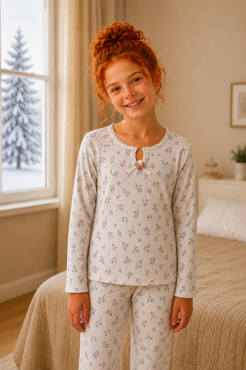 Çiçekli Kız Pijama Takımı - Bej