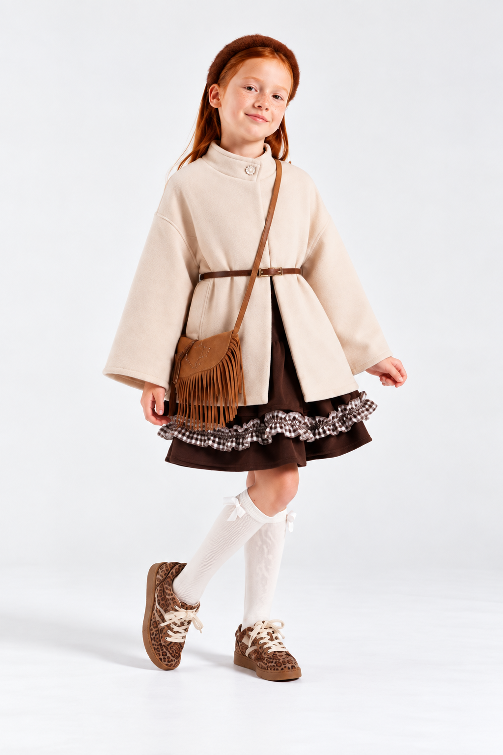 Deri Kemerli Kız Pelerin - Bej