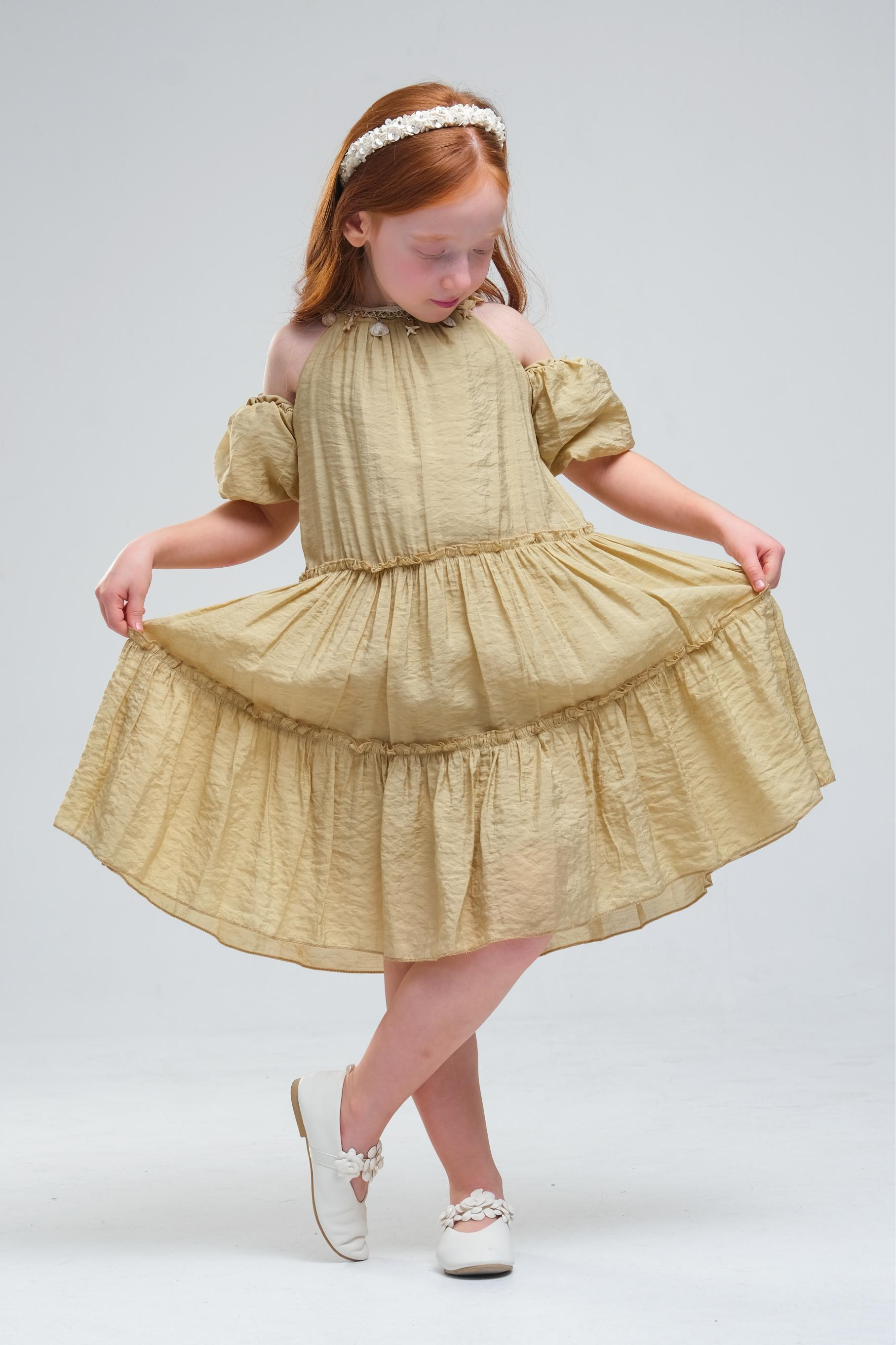 Düşük Kol Deniz Kabuğu İşlemeli  Kız Elbise - Yeşil Haki