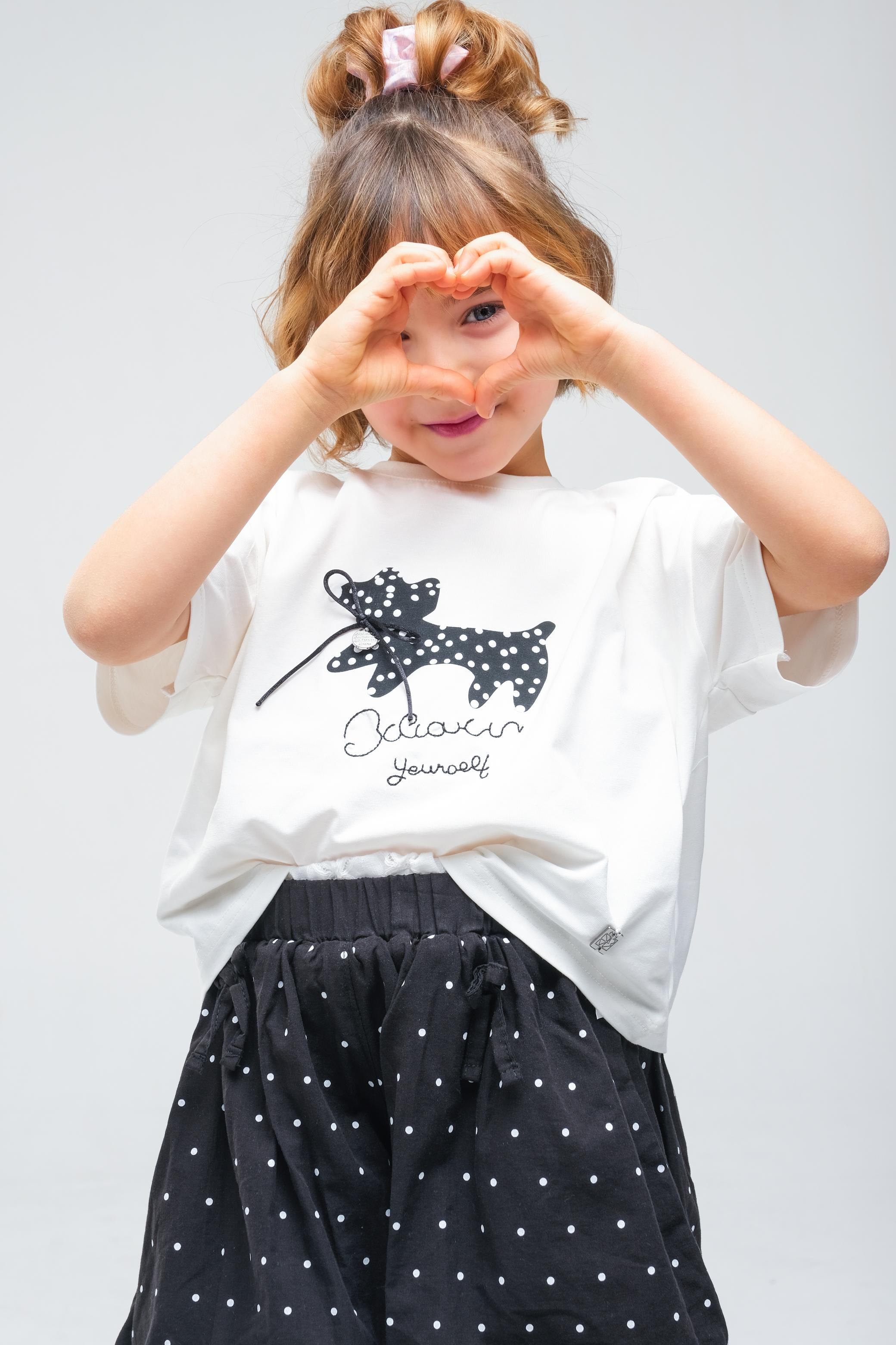 Fiyonk Köpek Desenli Tişört-Etek Takım - Ekru