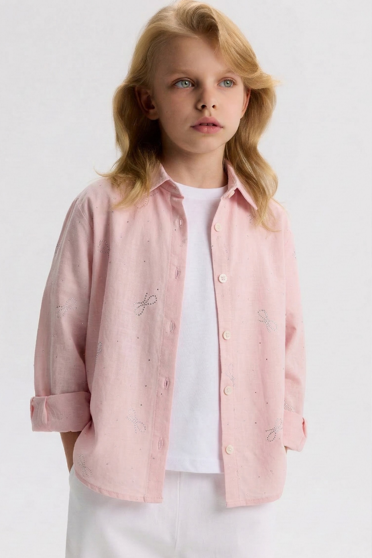 Fiyonklu Kız Gömlek - Pembe