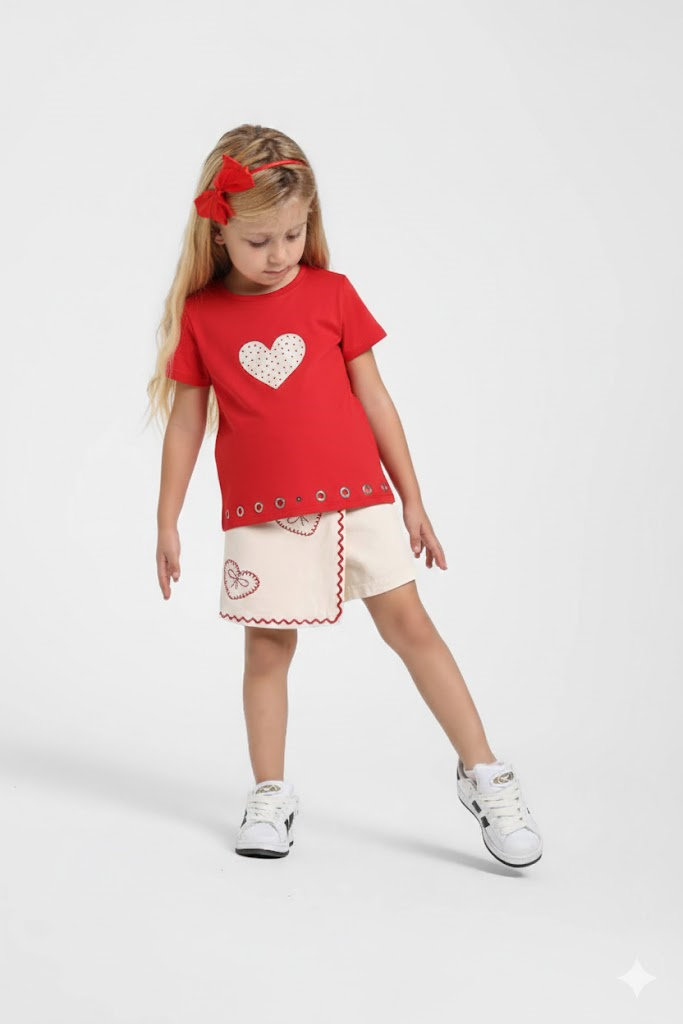 Kalp Ve Metal Baskılı Kız Tişört - Kırmızı