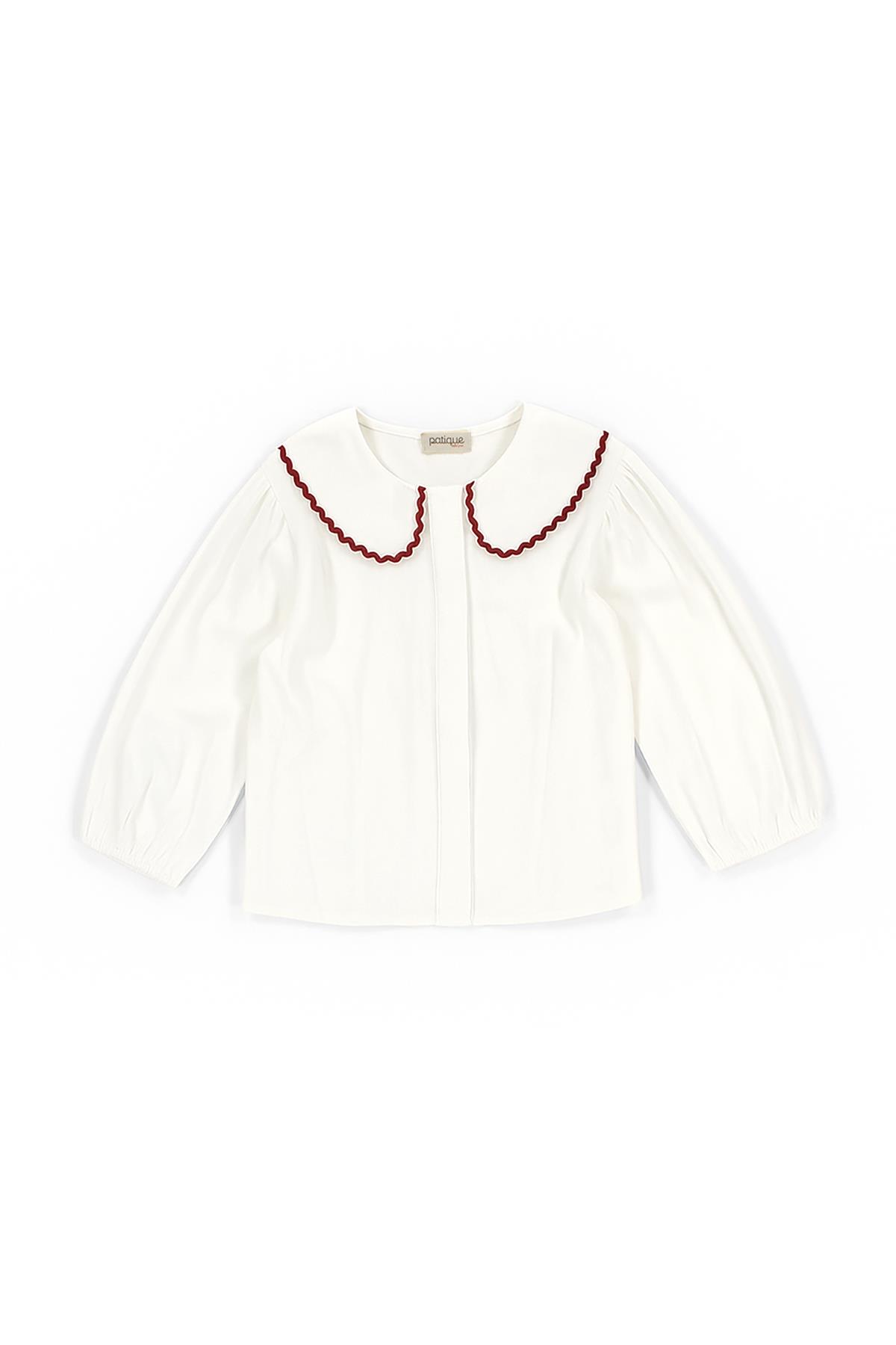 Kırmızı İşlemeli Kız Gömlek - Beyaz