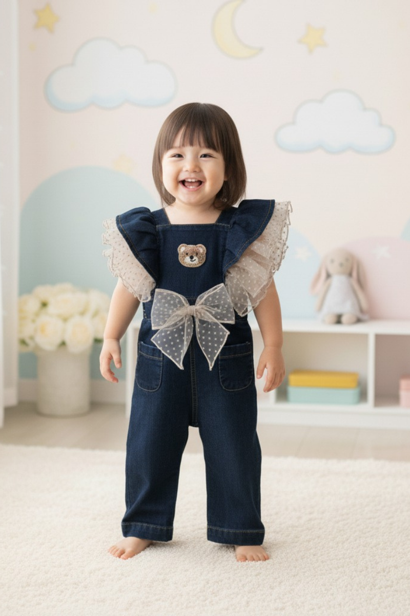 Kolları Fırfırlı Fiyonk Ve Ayıcık Detaylı Kız Tulum - Lacivert