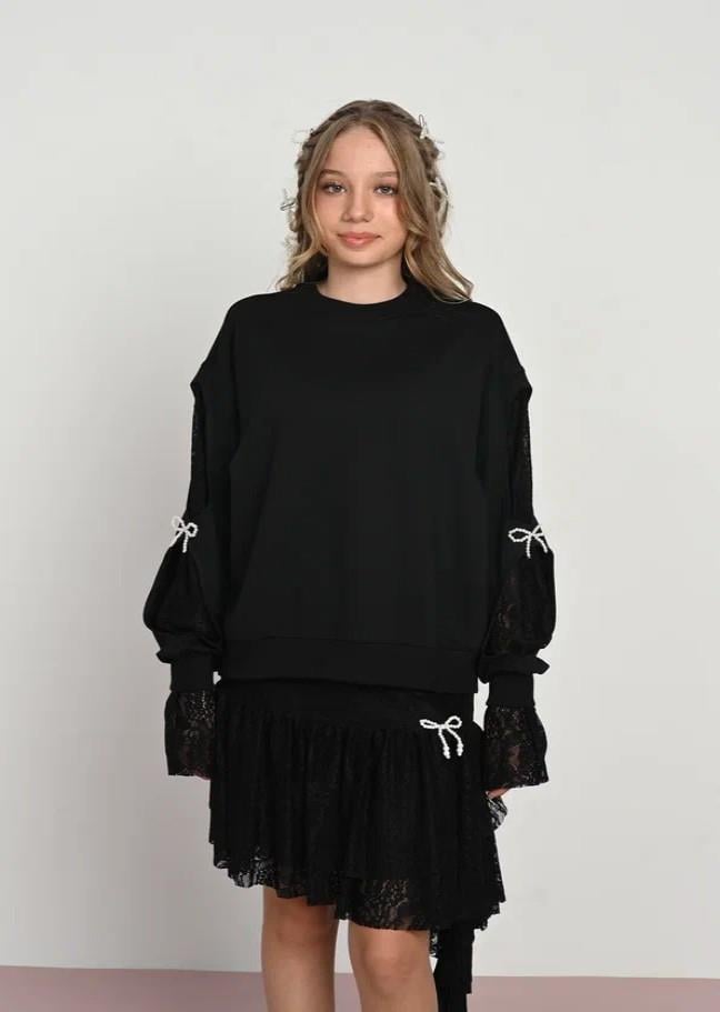 LOCO LOCO Kolları Güpürlü Sweat - Siyah