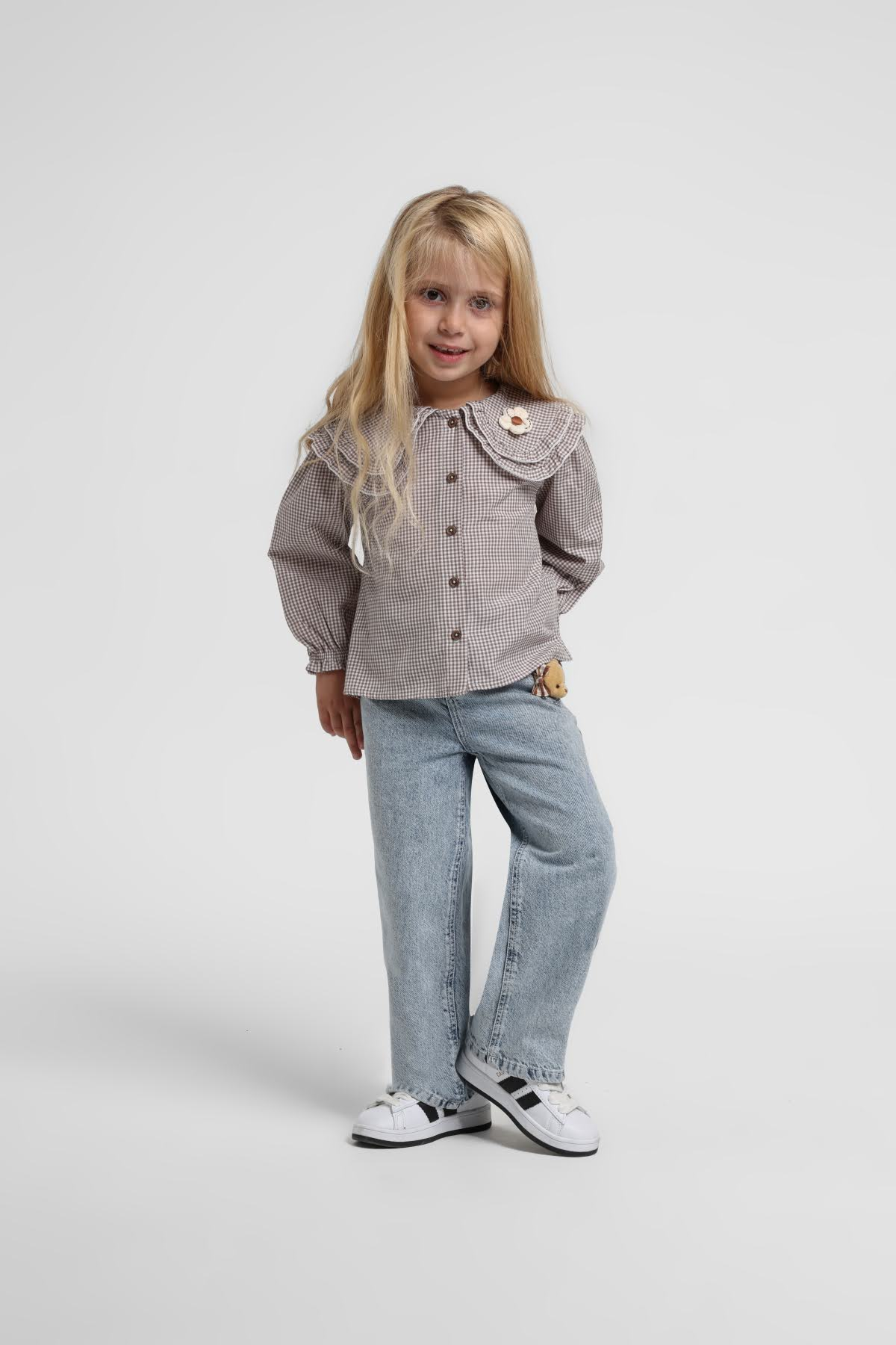 Pötikareli Çiçekli Bebe Yaka Kız Gömlek - Kahverengi