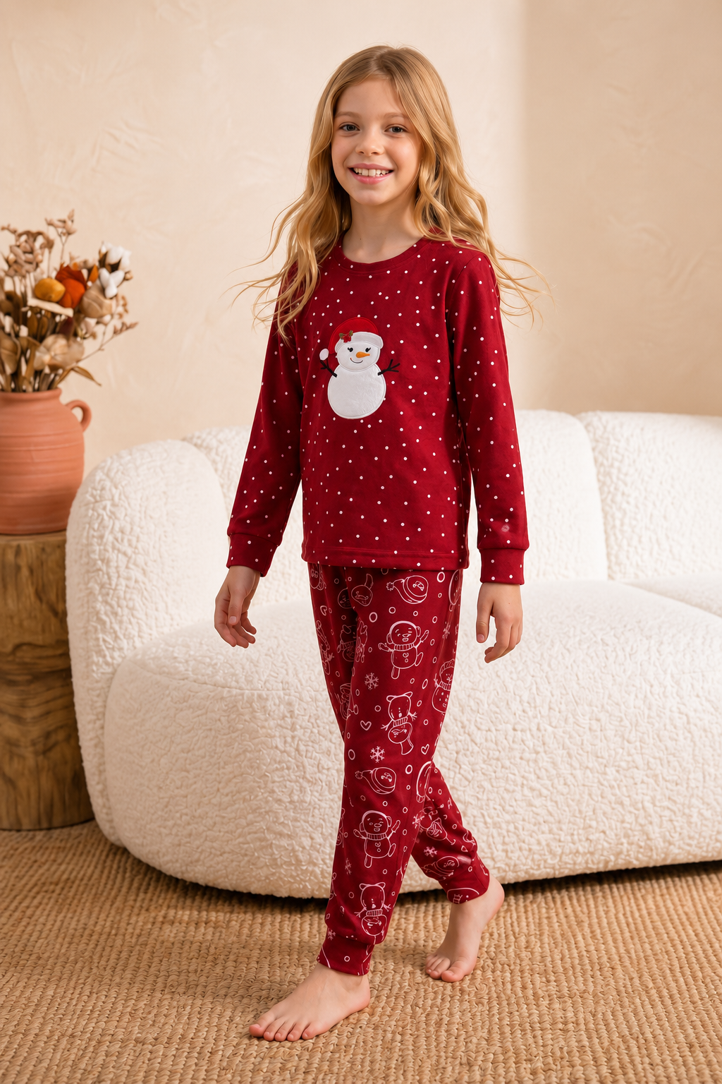 Puantiye & Kardan Adamlı Kız Pijama Takımı - Kırmızı