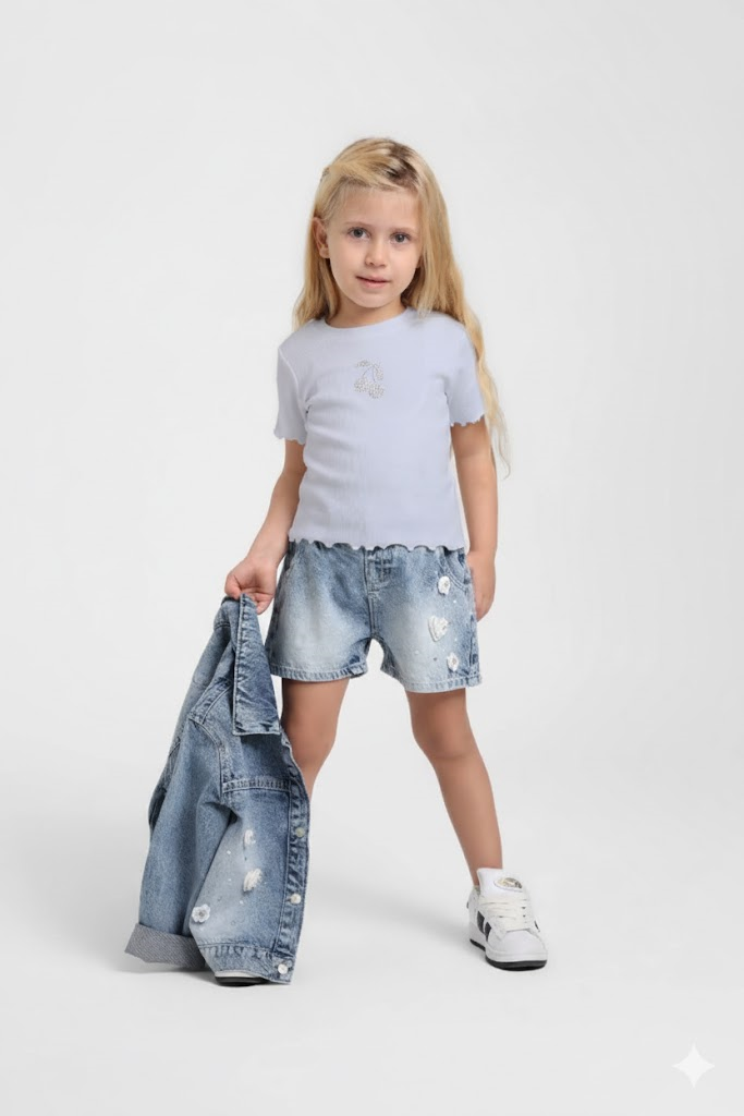 Taşlı Kirazlı Kız Tişört - Mavi