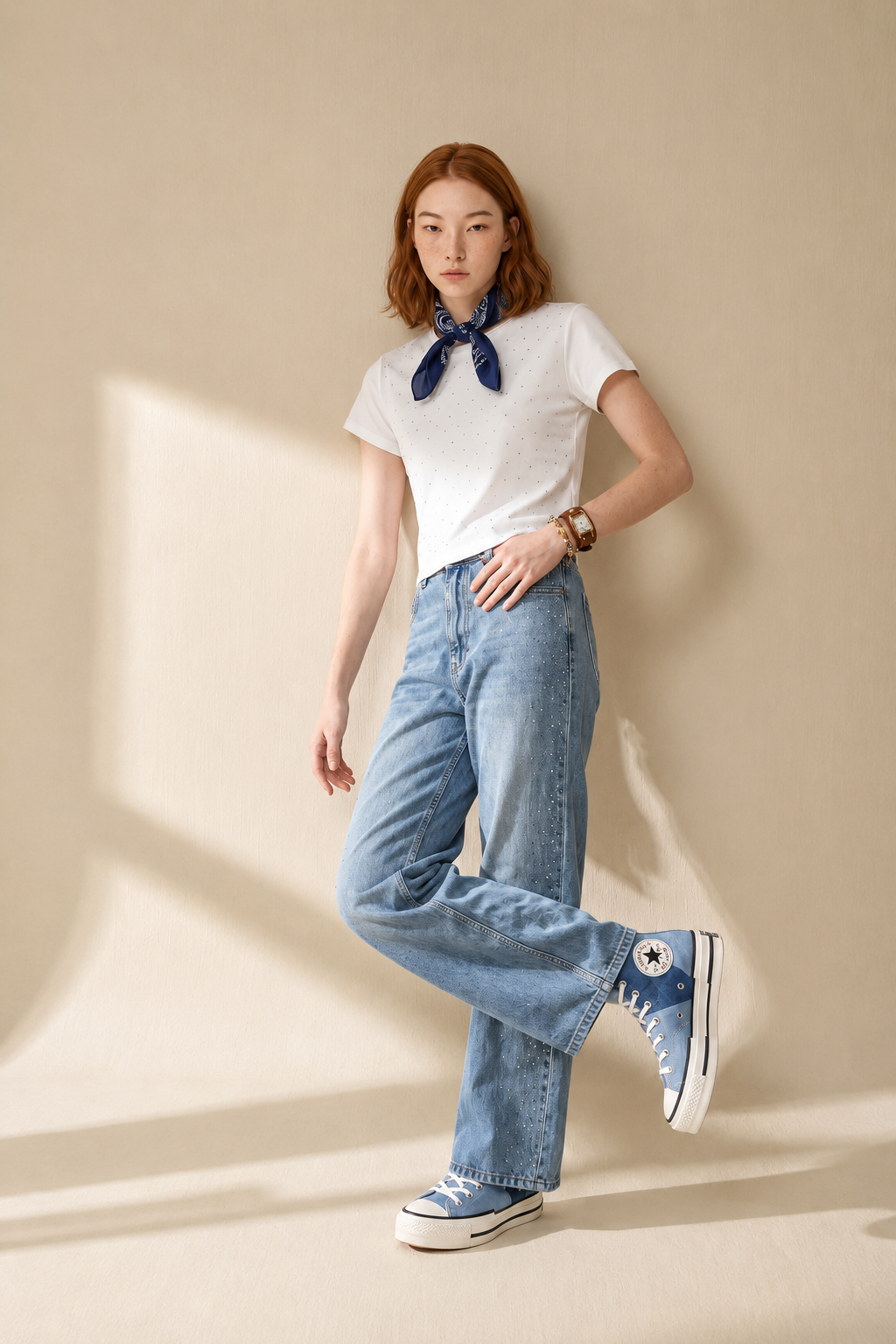 Taşlı Kız Denim Pantolon - Mavi