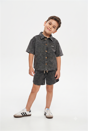 Denim Erkek Gömlek Şort Takım - Antrasit