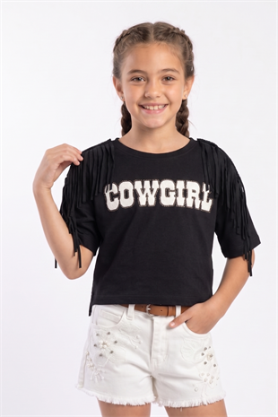 Püsküllü Taşlı Cowgirl Kız Tişört - Siyah