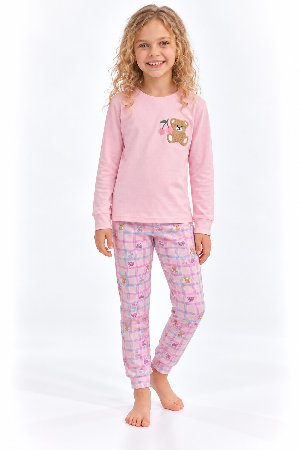 Ayıcık Kirazlı Kız Pijama Takımı - Pembe