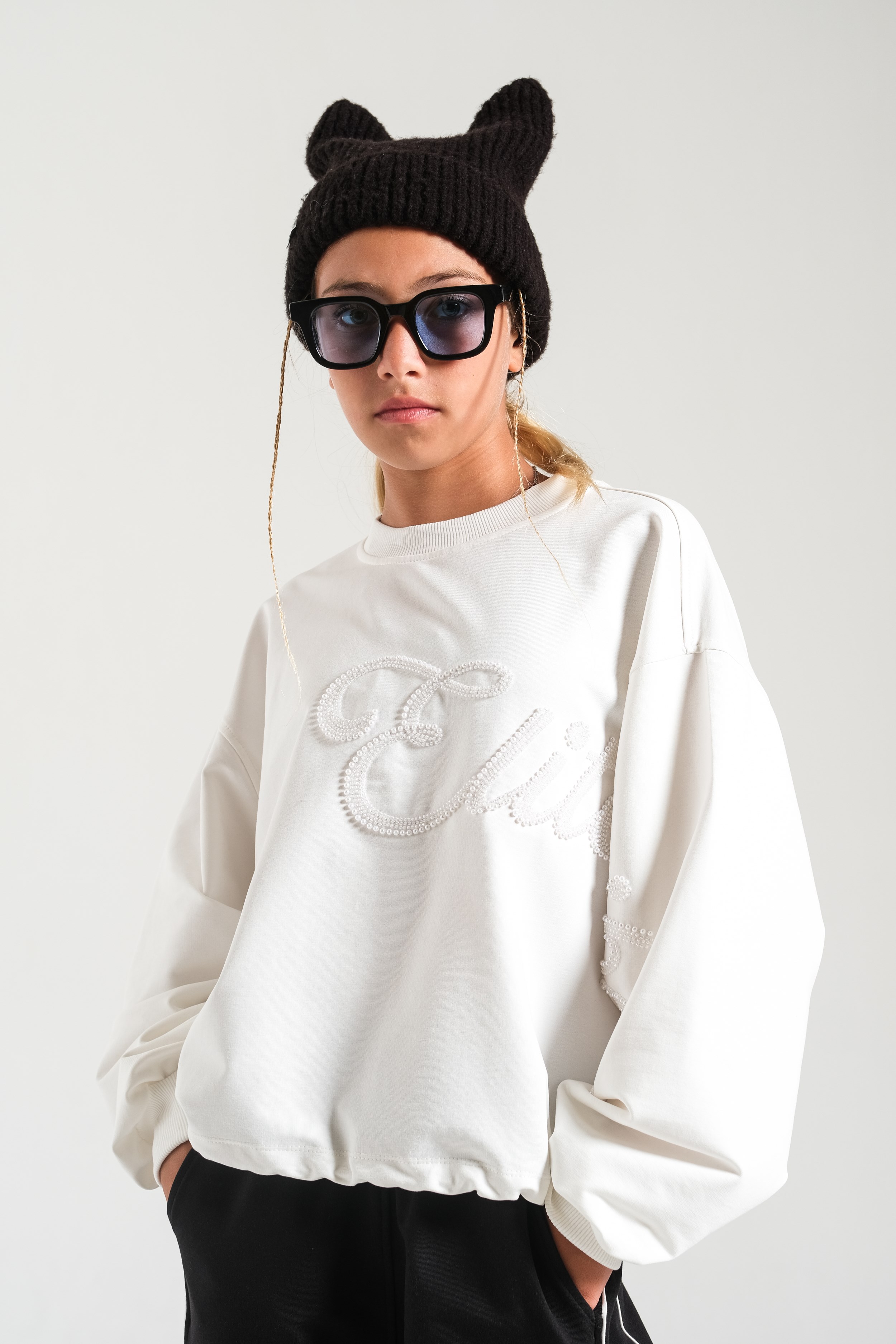 Boncuk Nakışlı Kız Sweat - Ekru