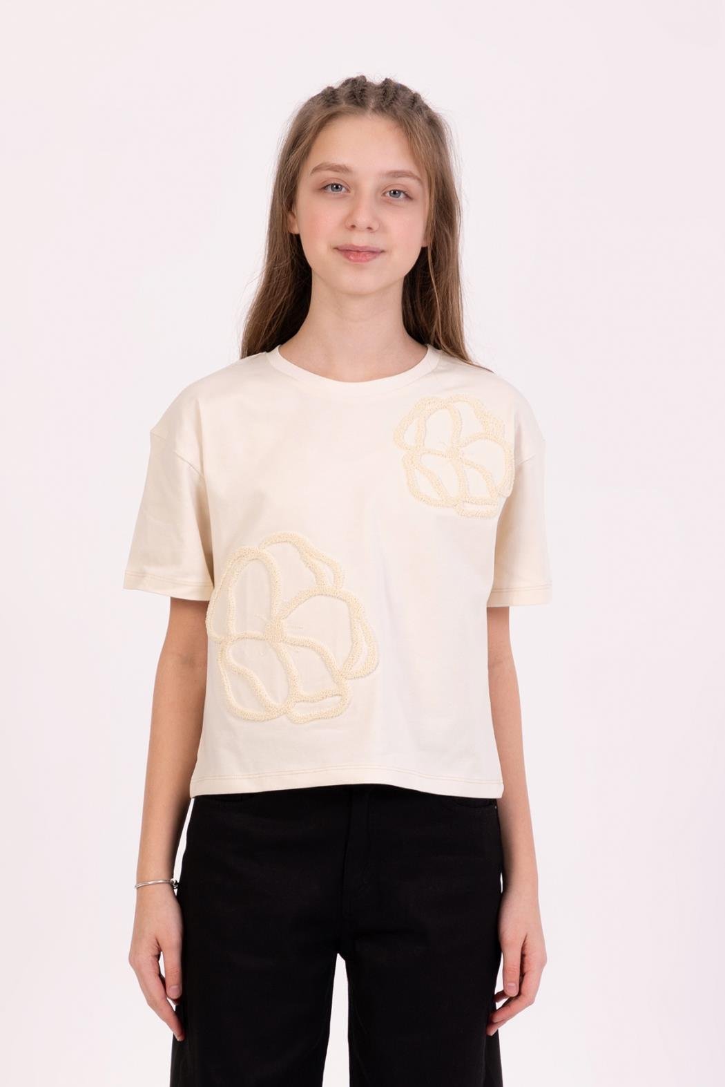 Çiçek Nakışlı Kız Tshirt - Krem