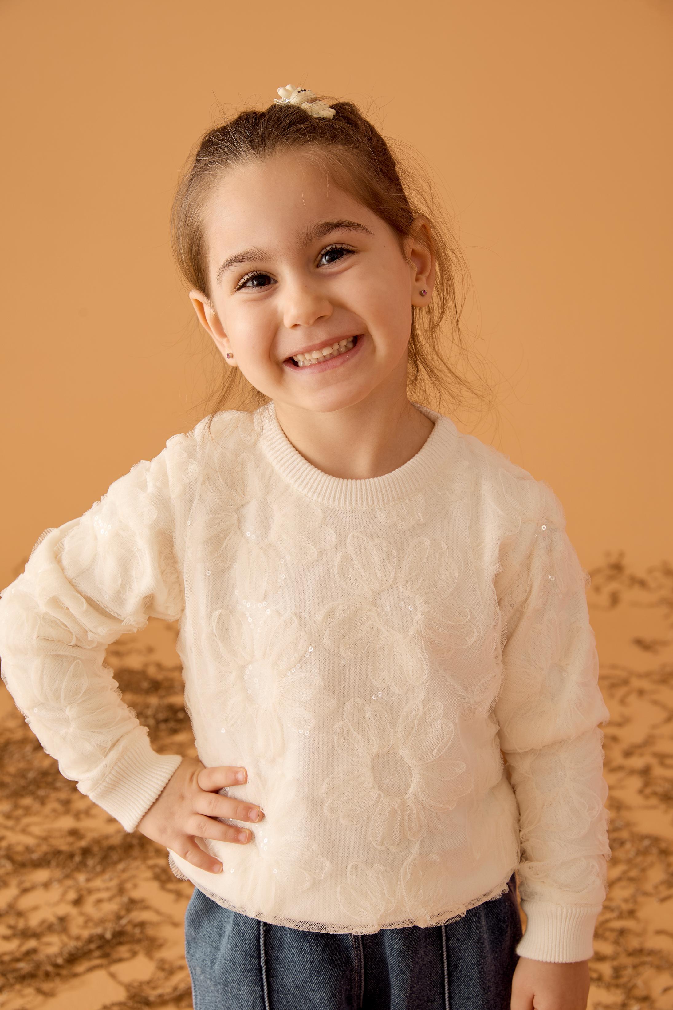 Çiçekli Kumaş Garnili Kazak - Ekru