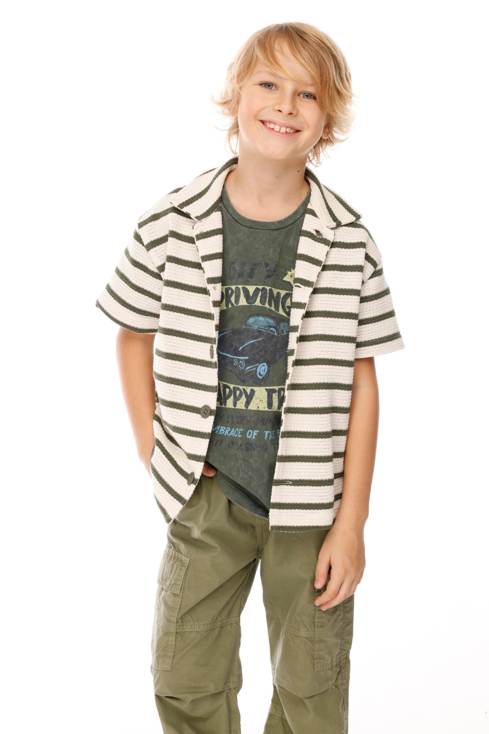 Çizgili Triko Erkek Gömlek - Yeşil Haki