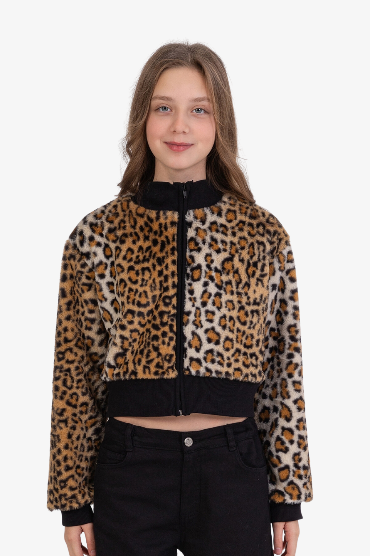 DMB Leopar Desenli Peluş Ceket - Siyah