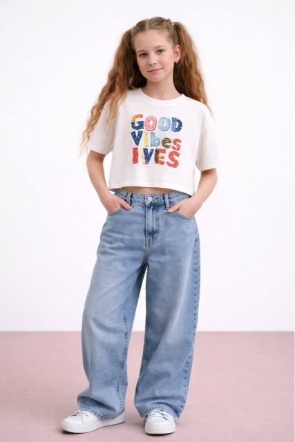 Düz Paça Kız Denim Pantolon - Mavi