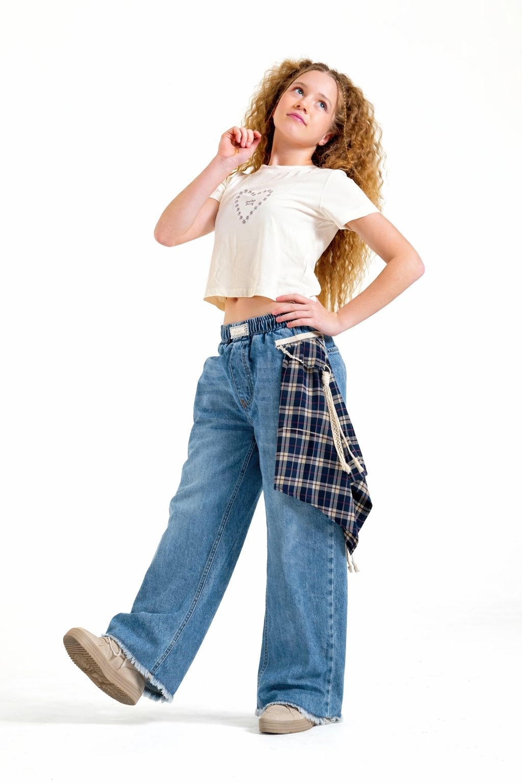 Ekose Mendilli Denim  Kız Pantolon - Mavi