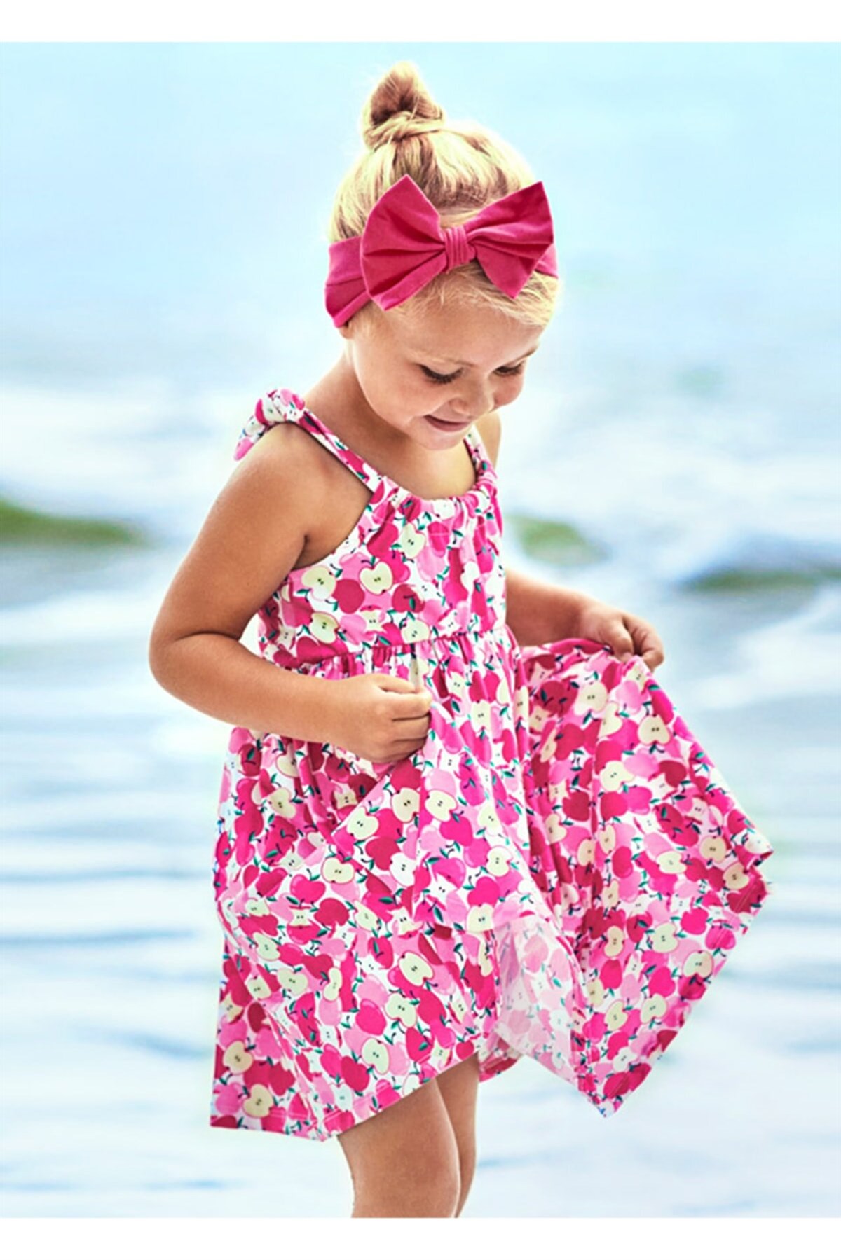 ELMA BASKILI ELBİSE - PEMBE