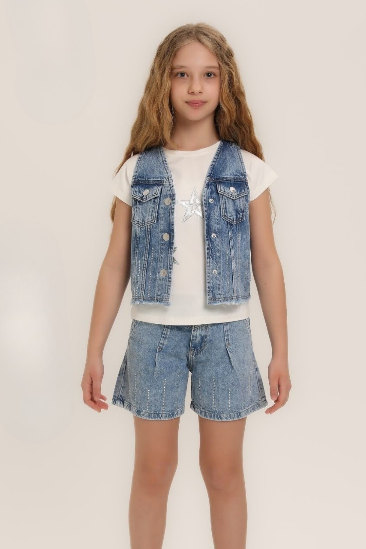 ESCABEL Taşlı Kız Kot Yelek - Mavi