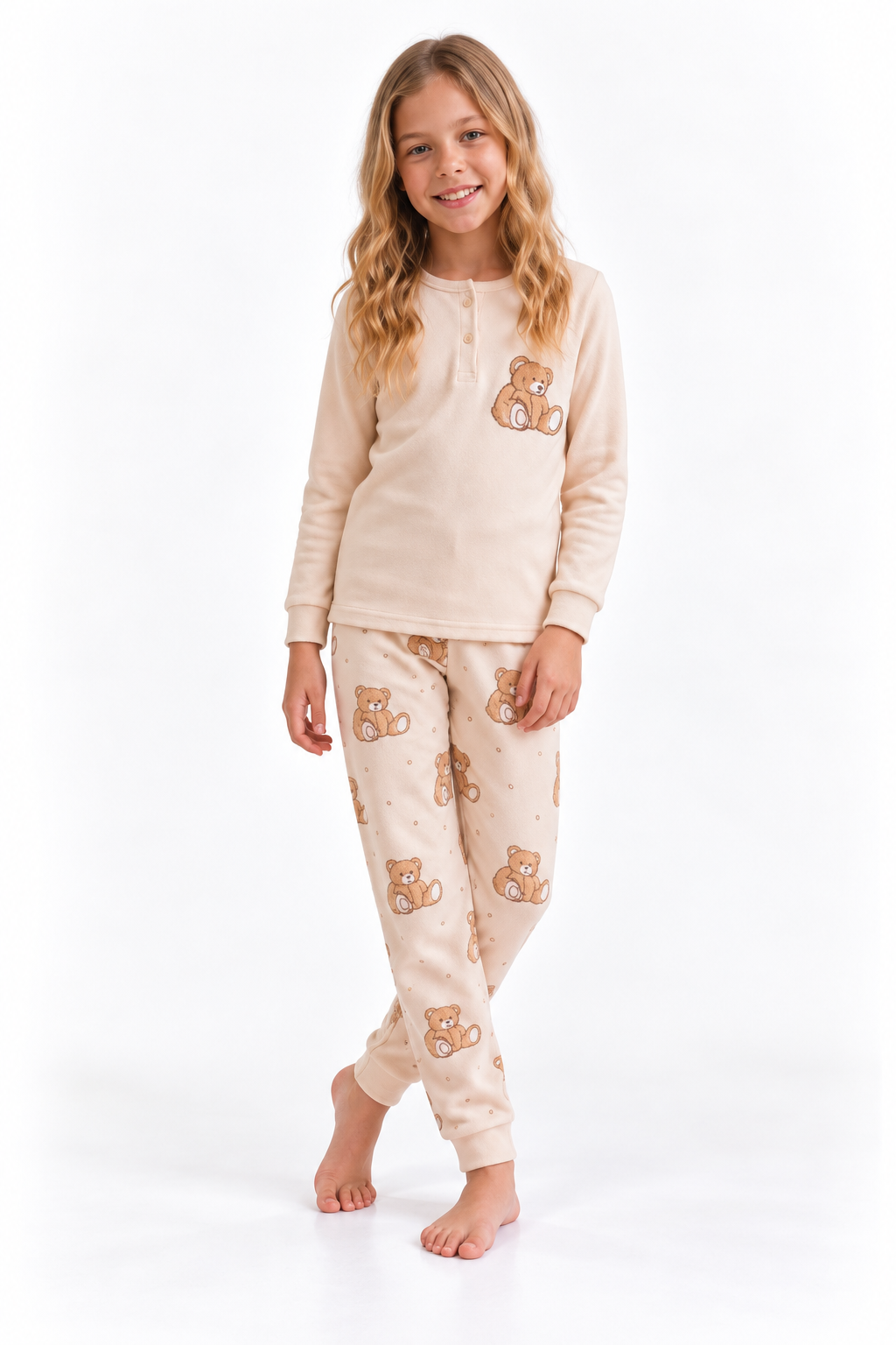 Fitilli Ayıcıklı Kız Pijama Takımı - Bej