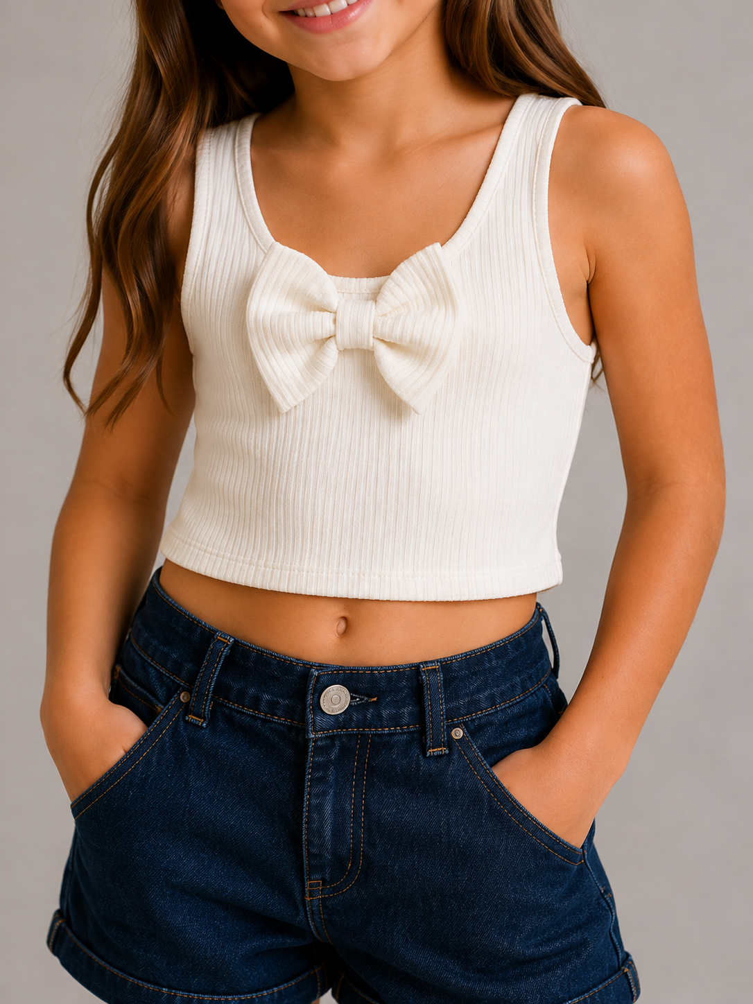 Fiyonklu Kız Crop - Ekru