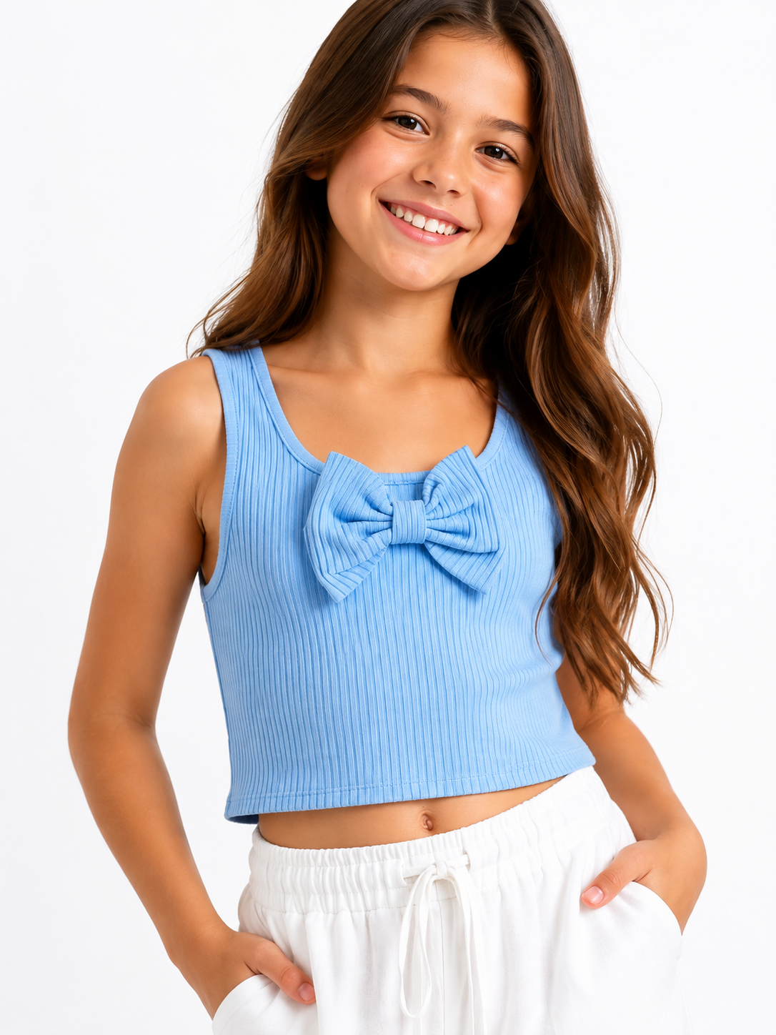 Fiyonklu Kız Crop - Mavi