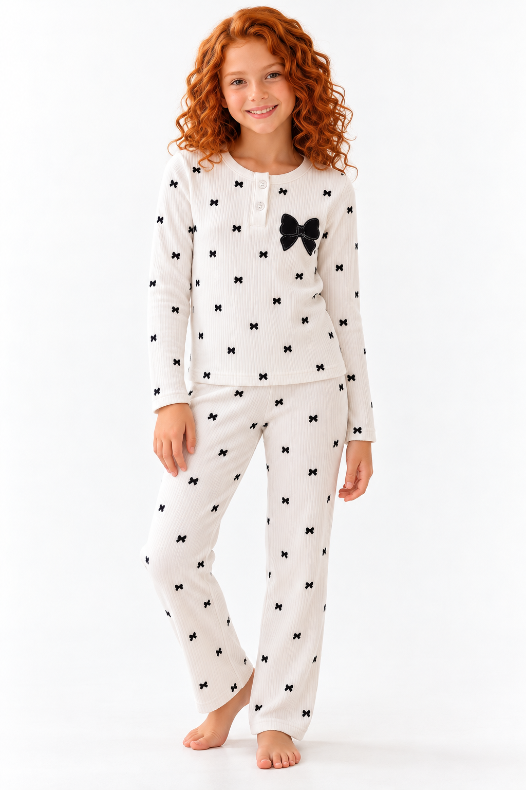 Fiyonklu Kız Pijama Takımı - Beyaz