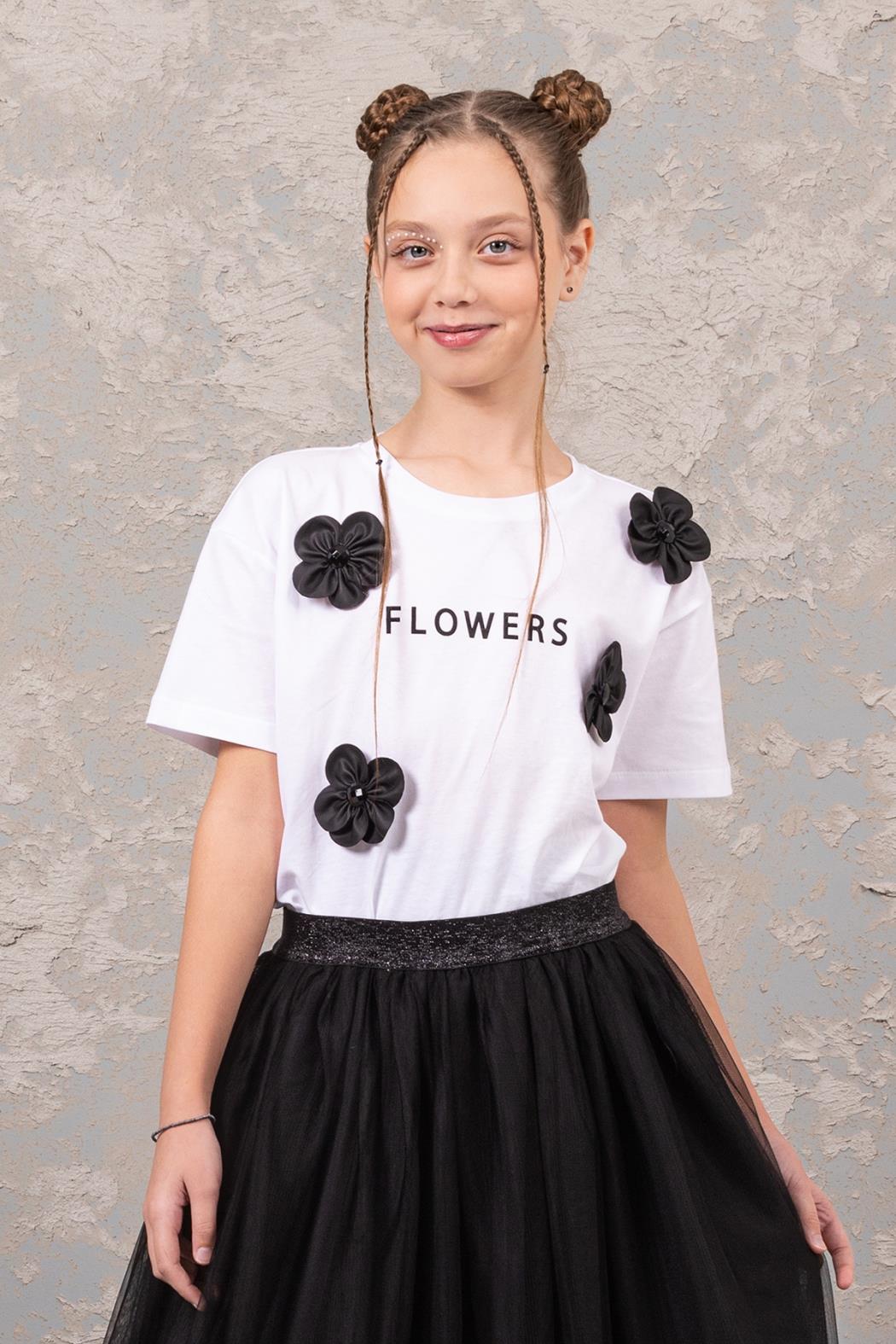 FLOWERS YAZILI KIZ T-SHIRT