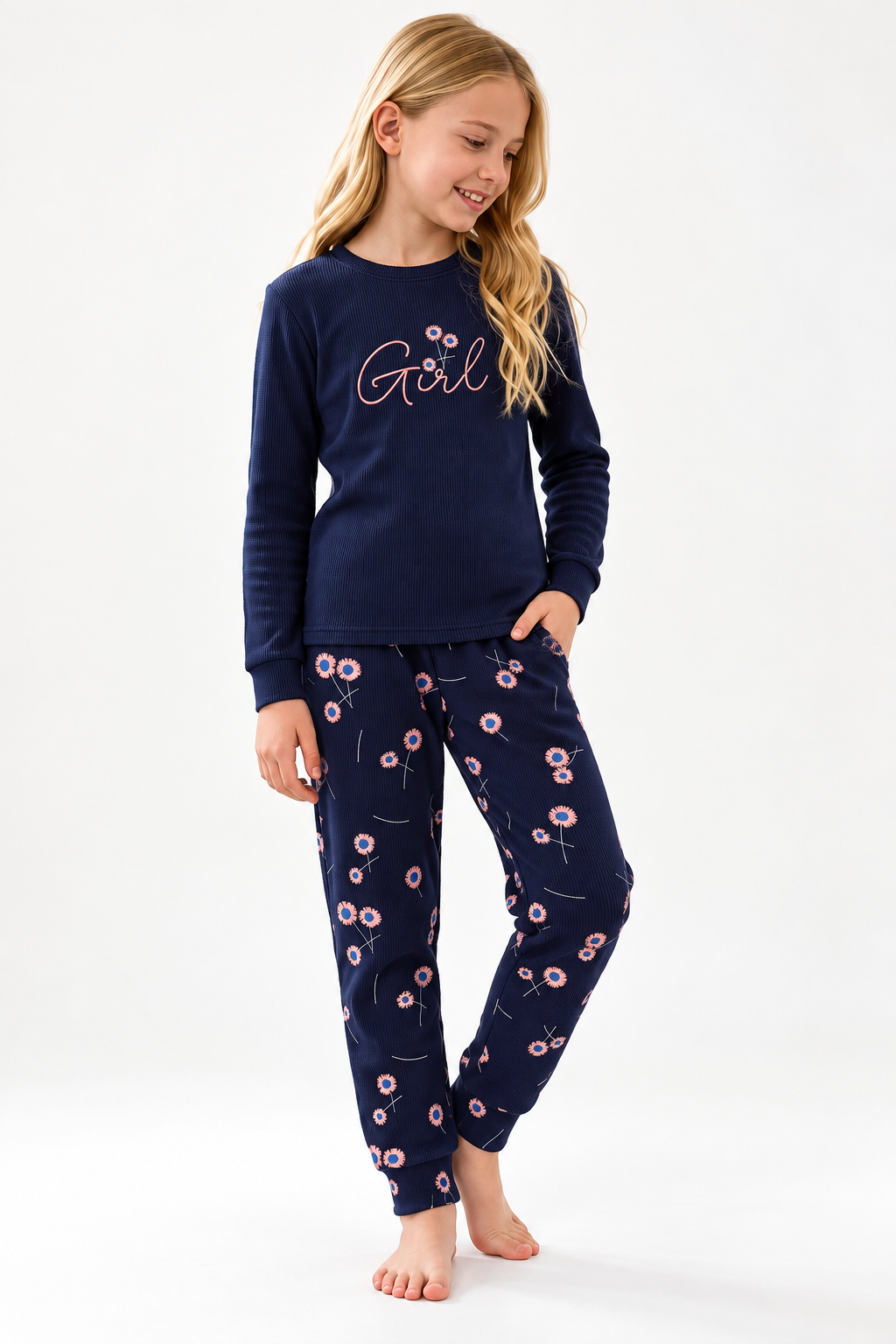 Gril Çiçekli Kız Pijama Takımı - Lacivert