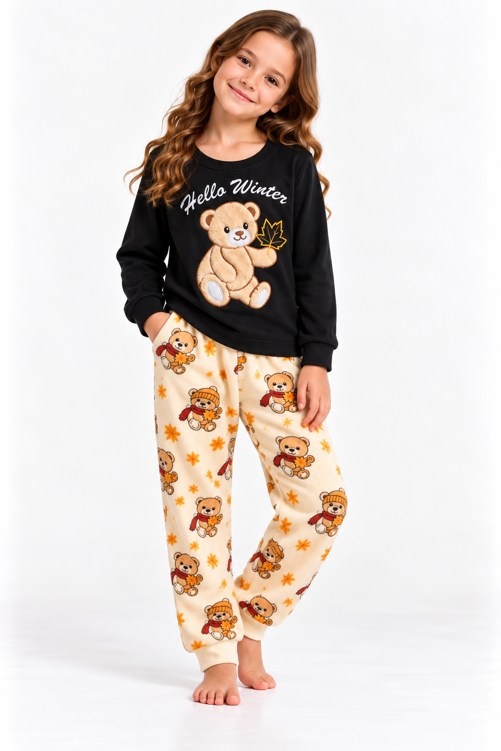 Hello Winter Ayıcıklı Kız Pijama Takımı - Siyah