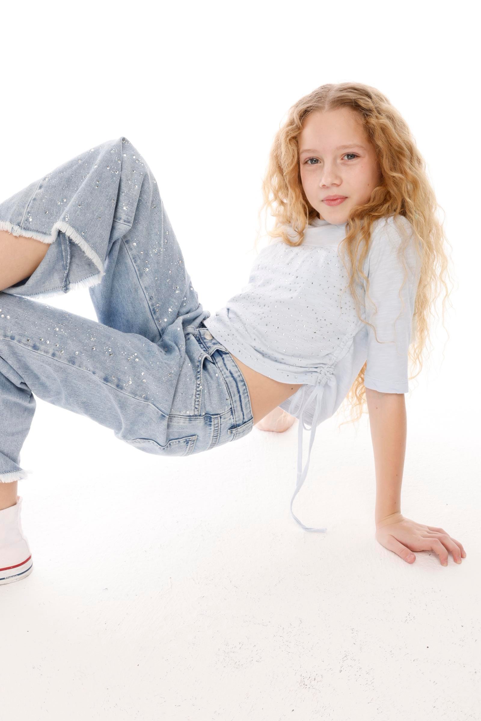 JENA Taşlı Yanı Büzgü Kız Bluz - Beyaz