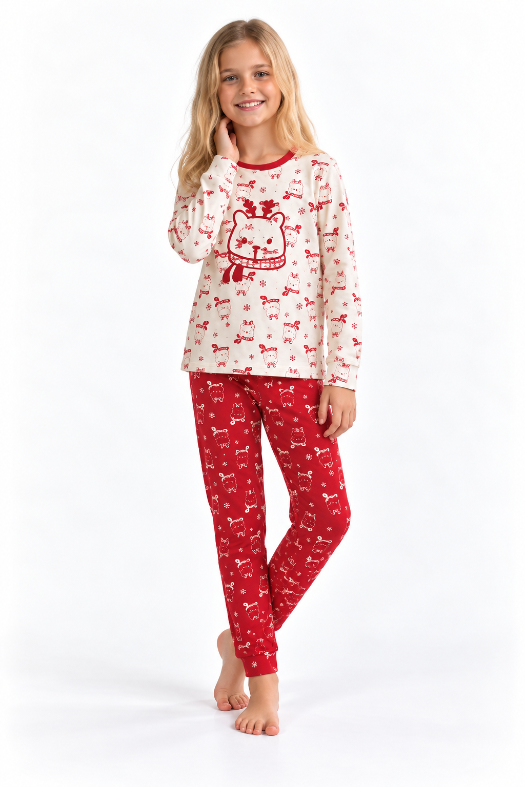 Kar Taneli Kız Pijama Takımı - Kırmızı