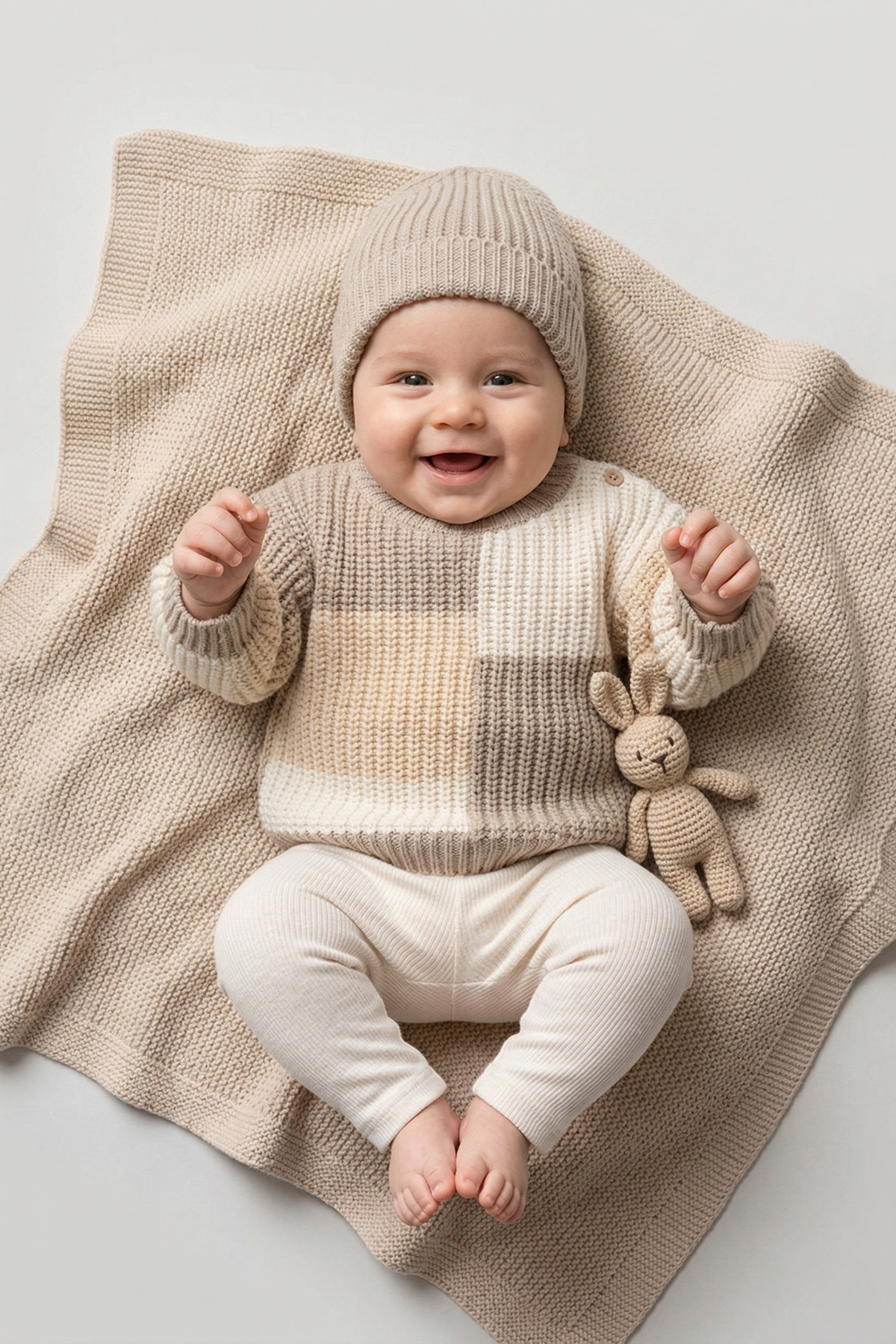 Kareli Triko Erkek Bebe Takım - Krem